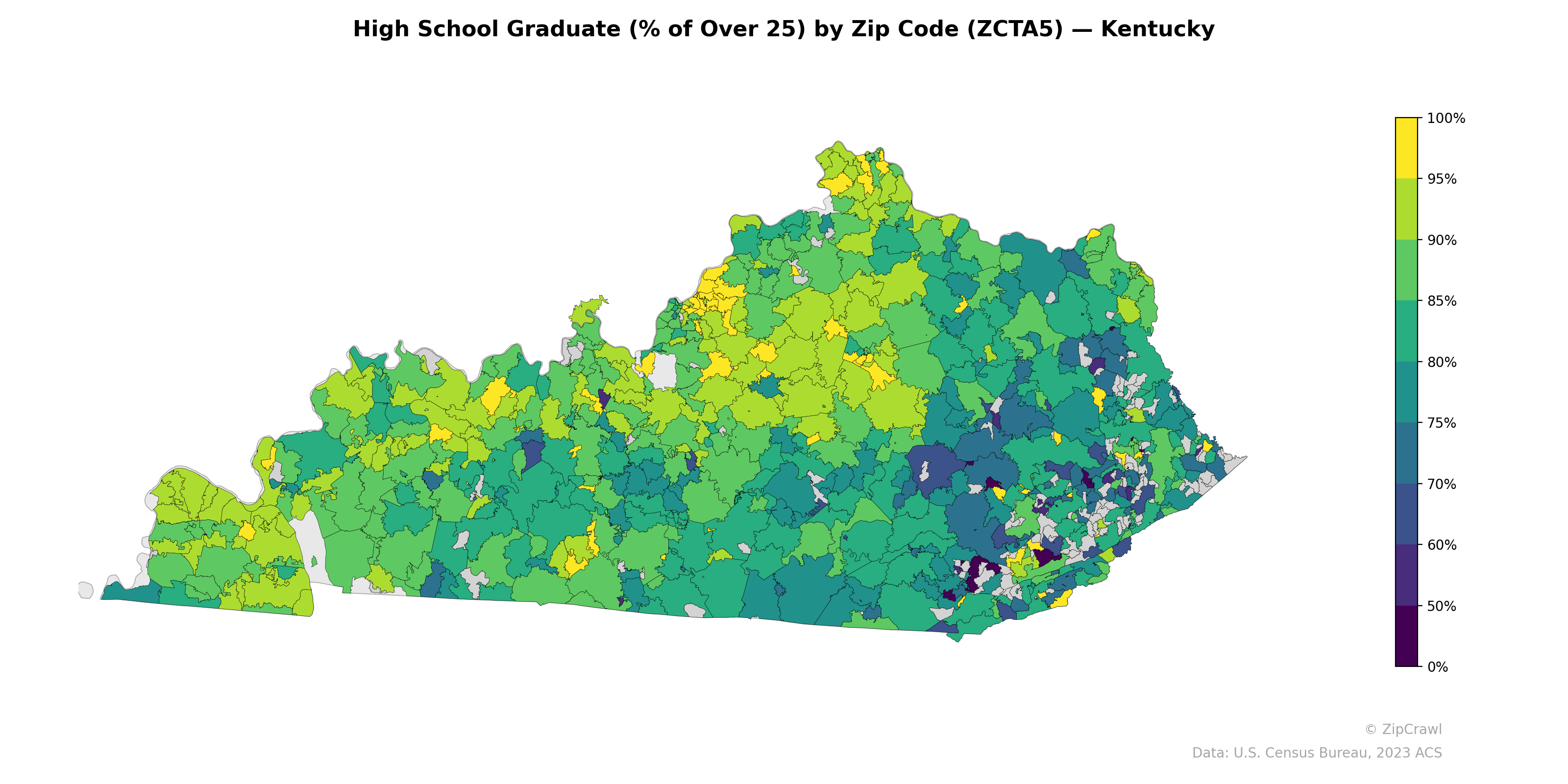 High School Graduate (% of Over 25) by Zip Code (ZCTA5) — Kentucky