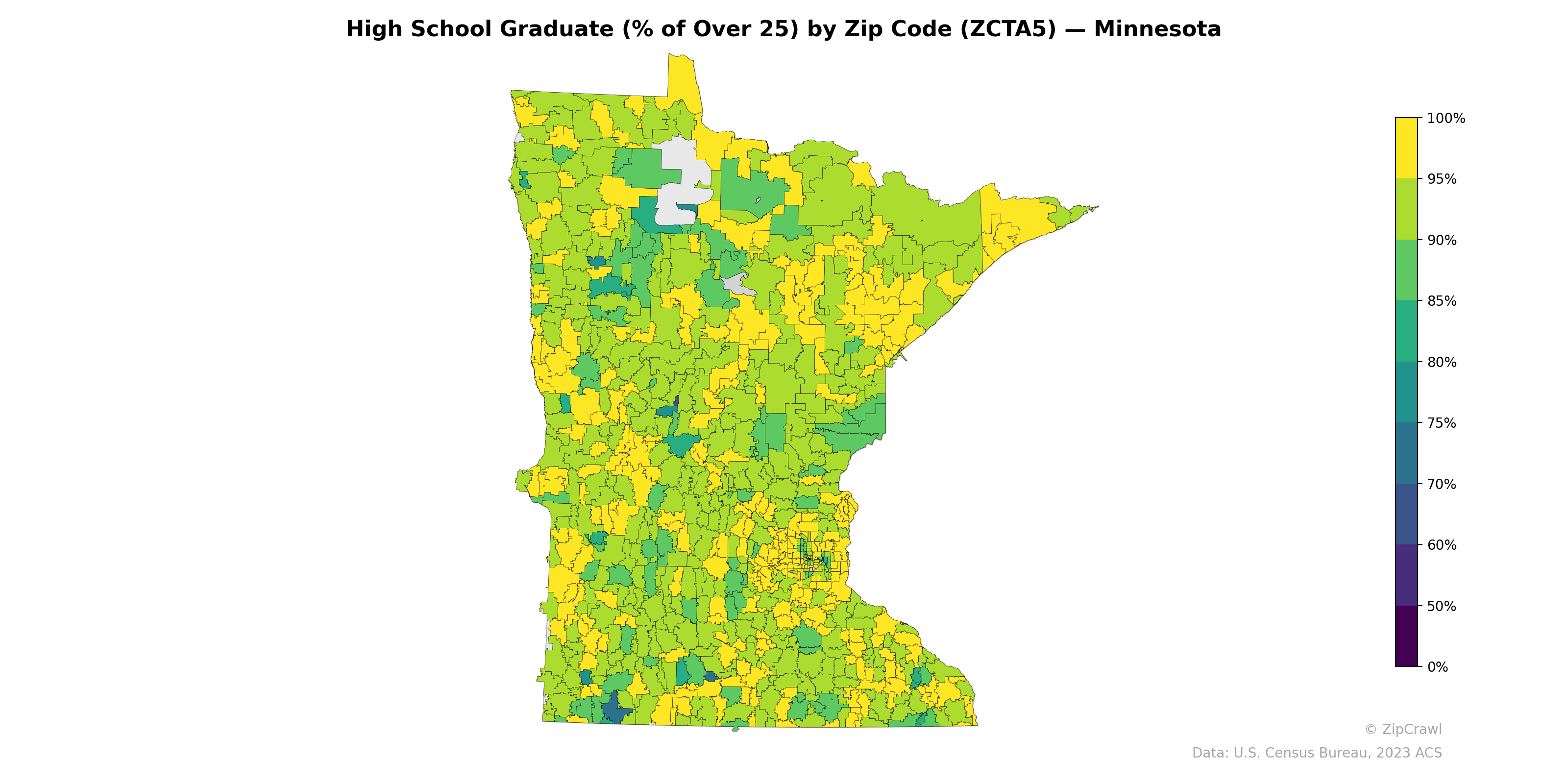 High School Graduate (% of Over 25) by Zip Code (ZCTA5) — Minnesota