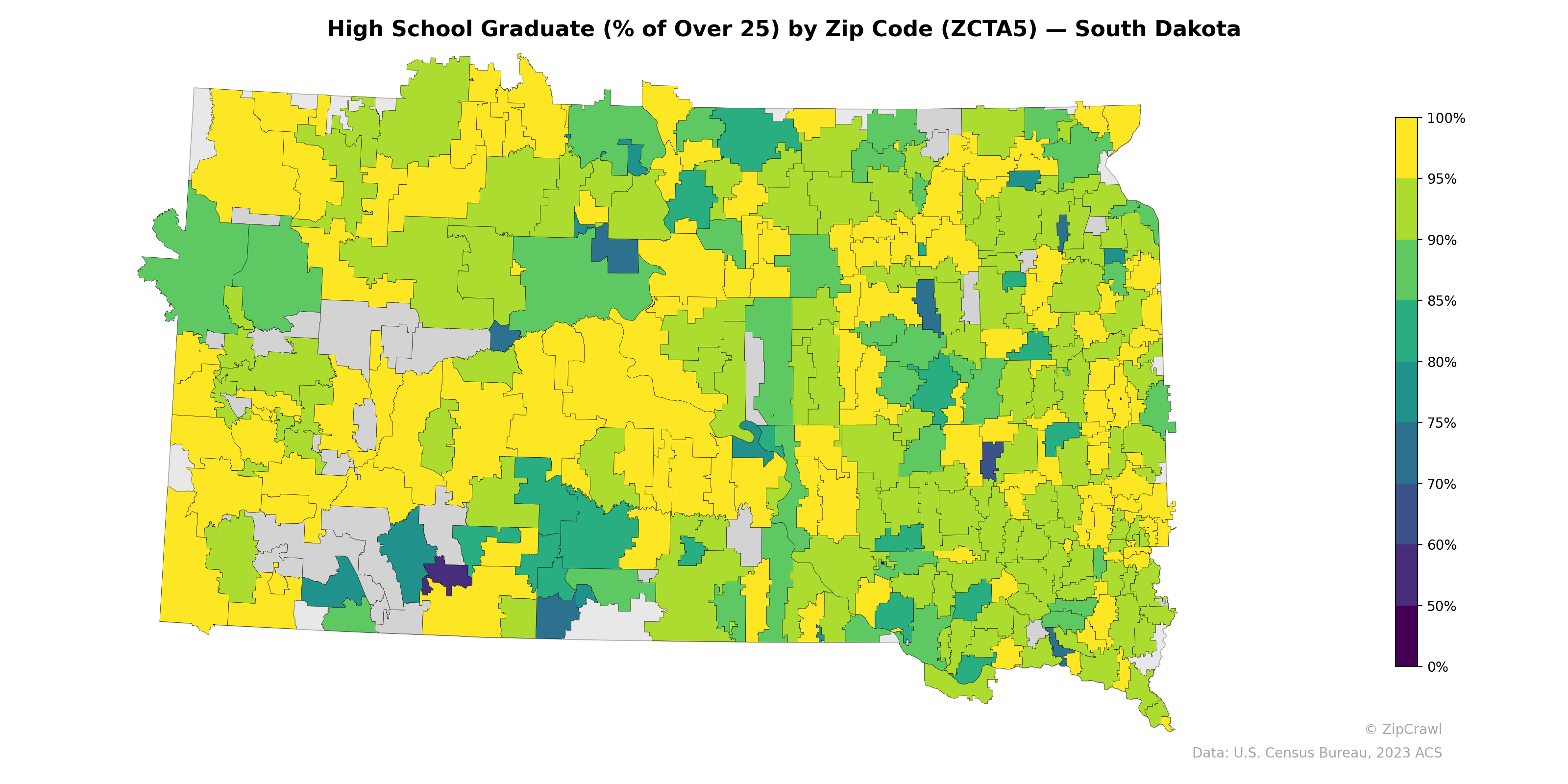 High School Graduate (% of Over 25) by Zip Code (ZCTA5) — South Dakota