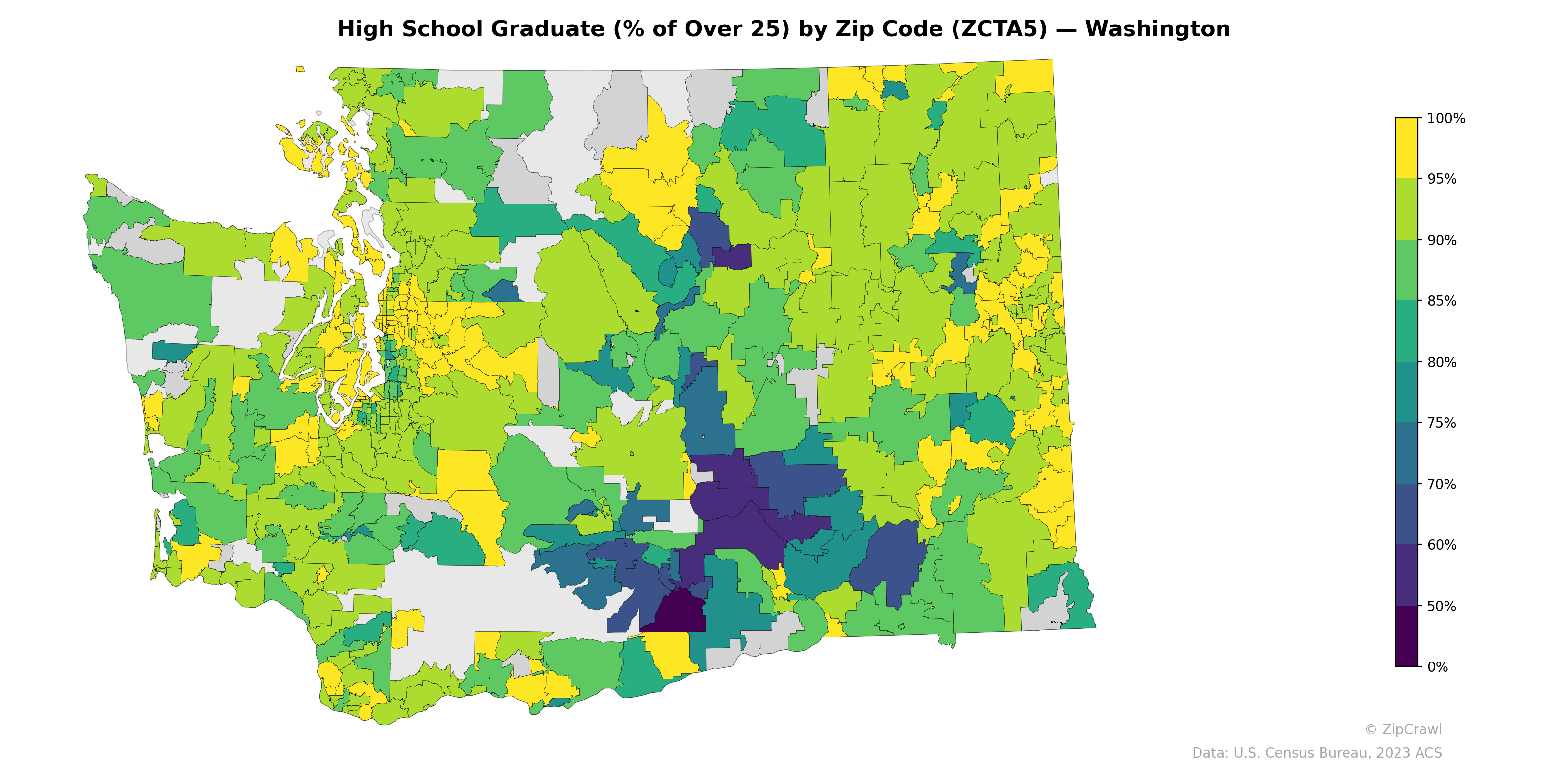 High School Graduate (% of Over 25) by Zip Code (ZCTA5) — Washington