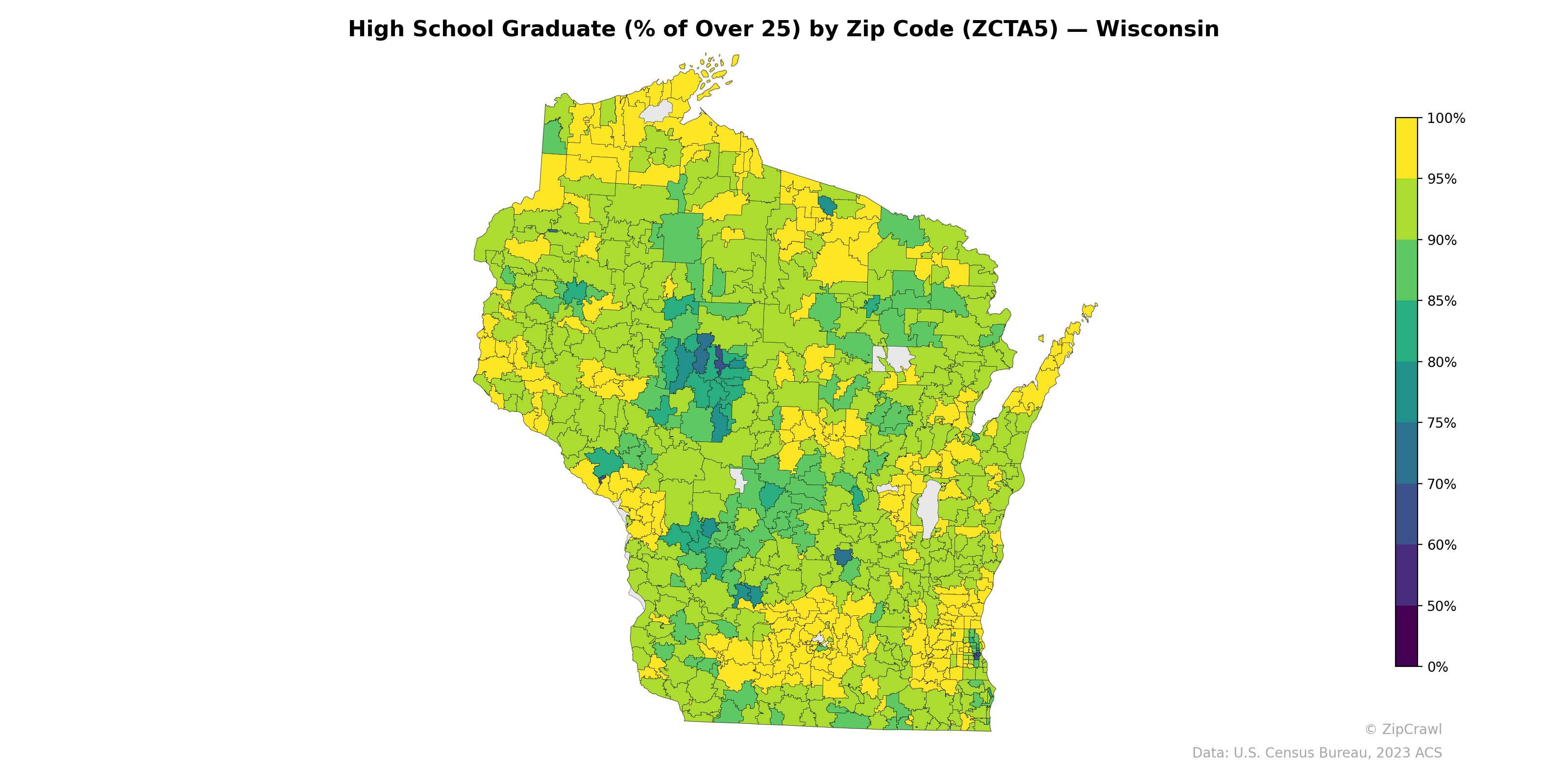 High School Graduate (% of Over 25) by Zip Code (ZCTA5) — Wisconsin