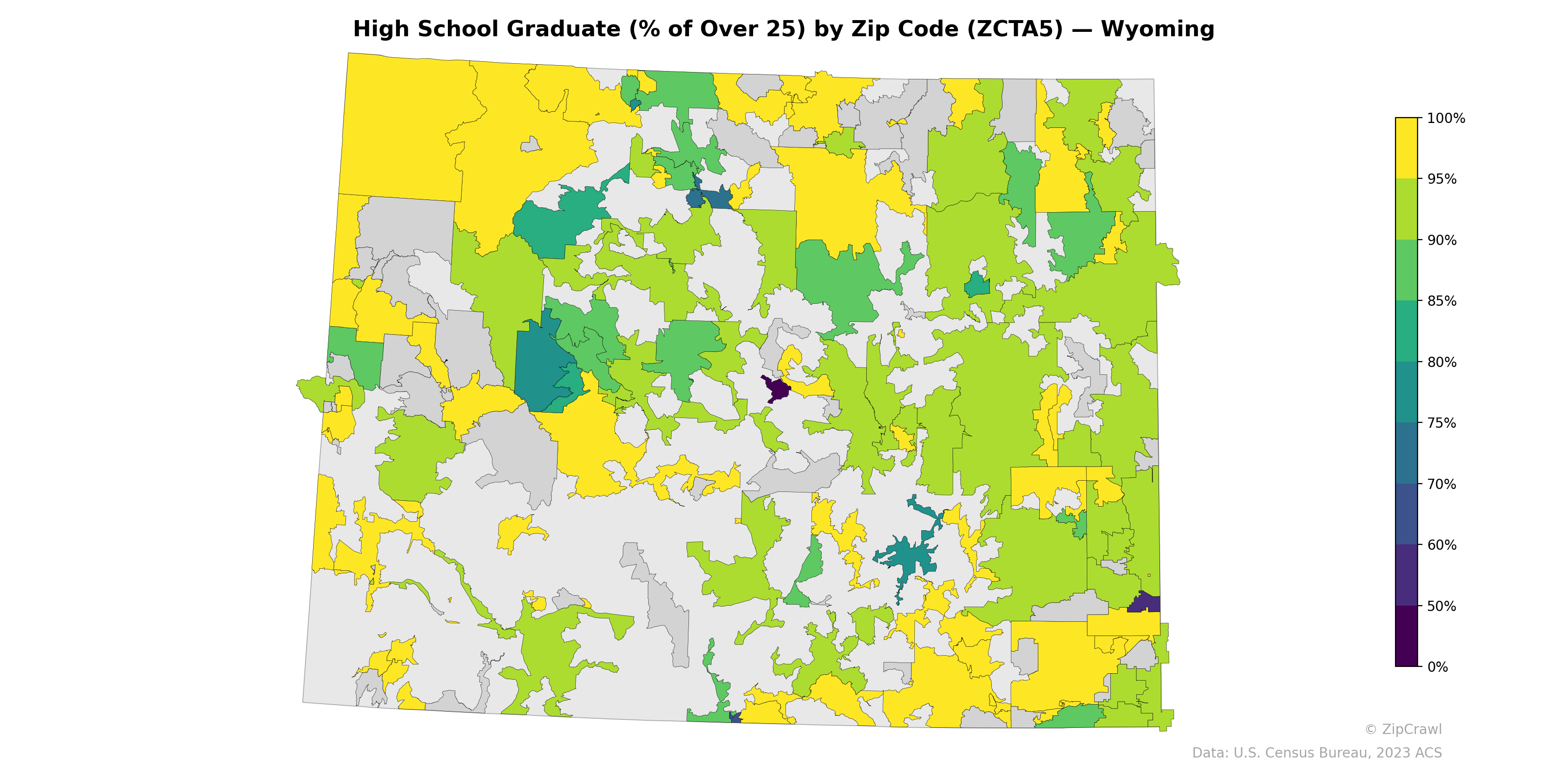 High School Graduate (% of Over 25) by Zip Code (ZCTA5) — Wyoming