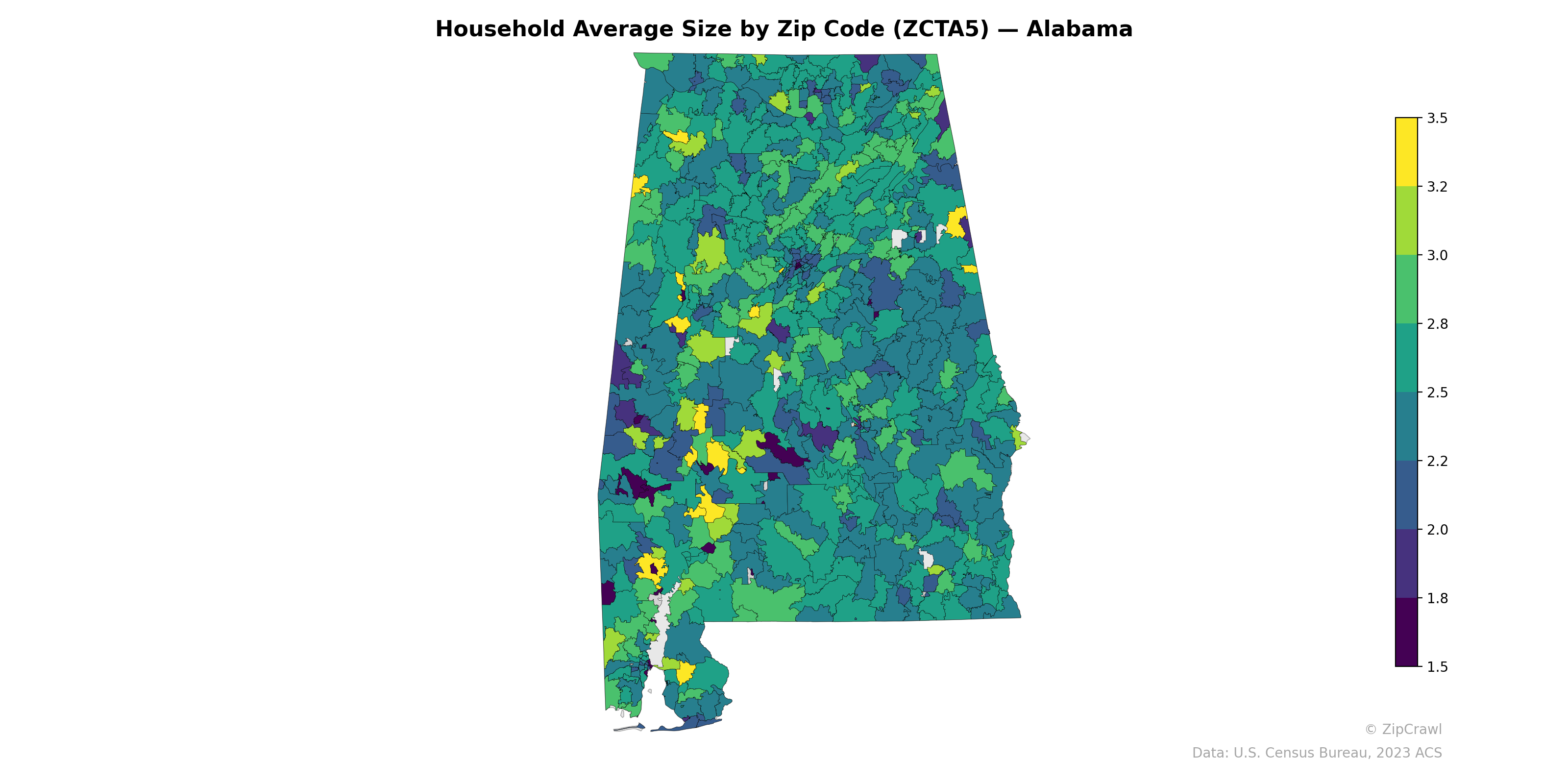 Household Average Size by Zip Code (ZCTA5) — Alabama