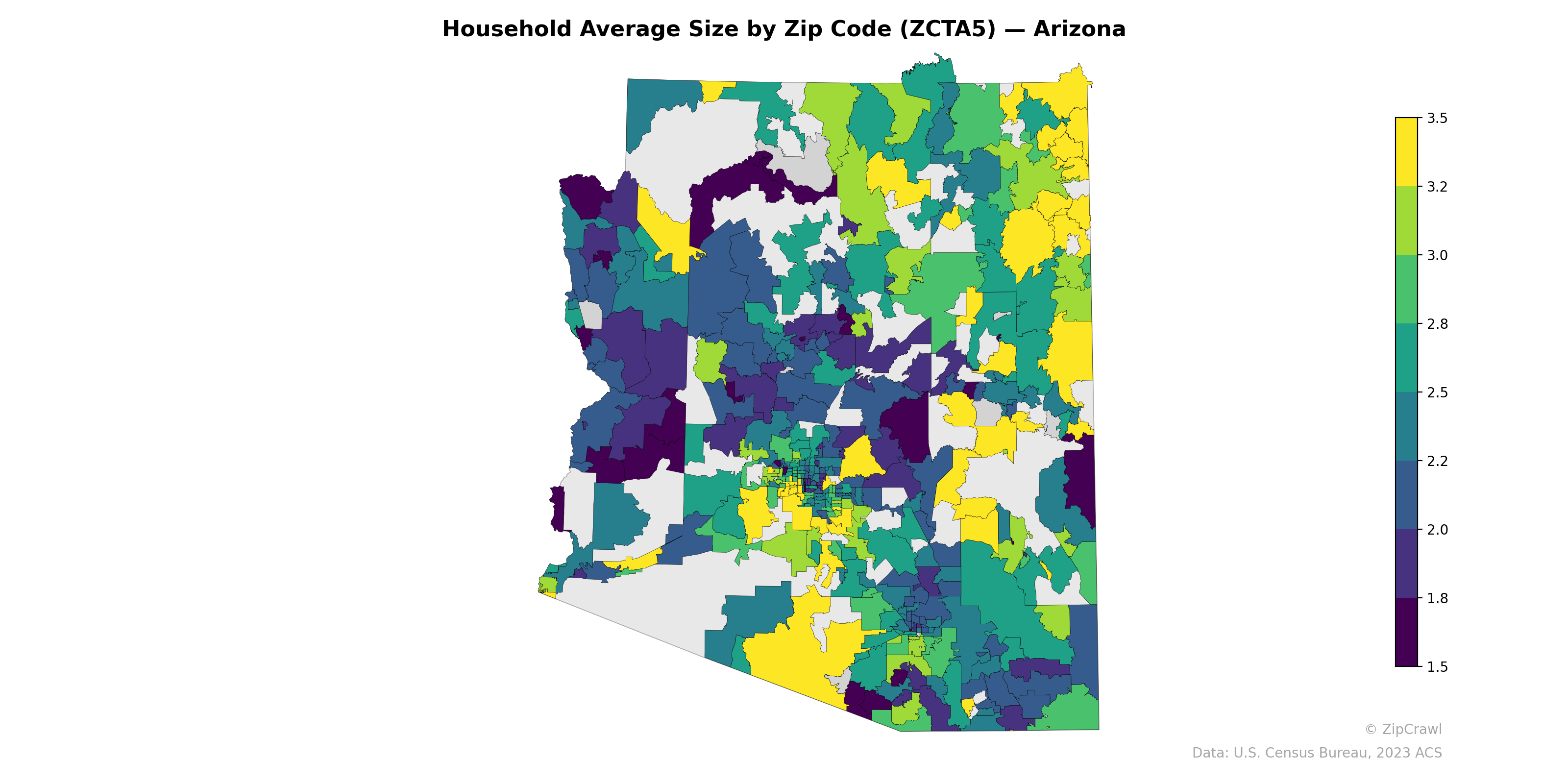 Household Average Size by Zip Code (ZCTA5) — Arizona