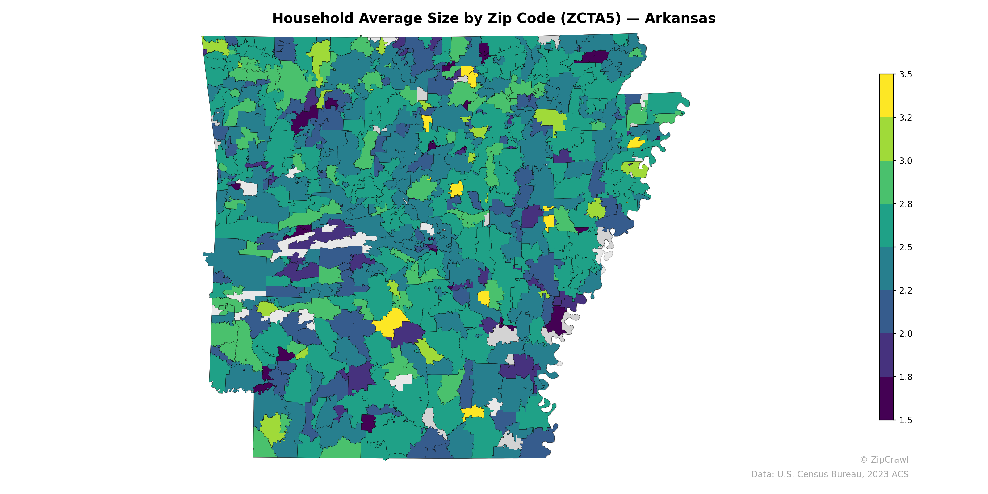 Household Average Size by Zip Code (ZCTA5) — Arkansas