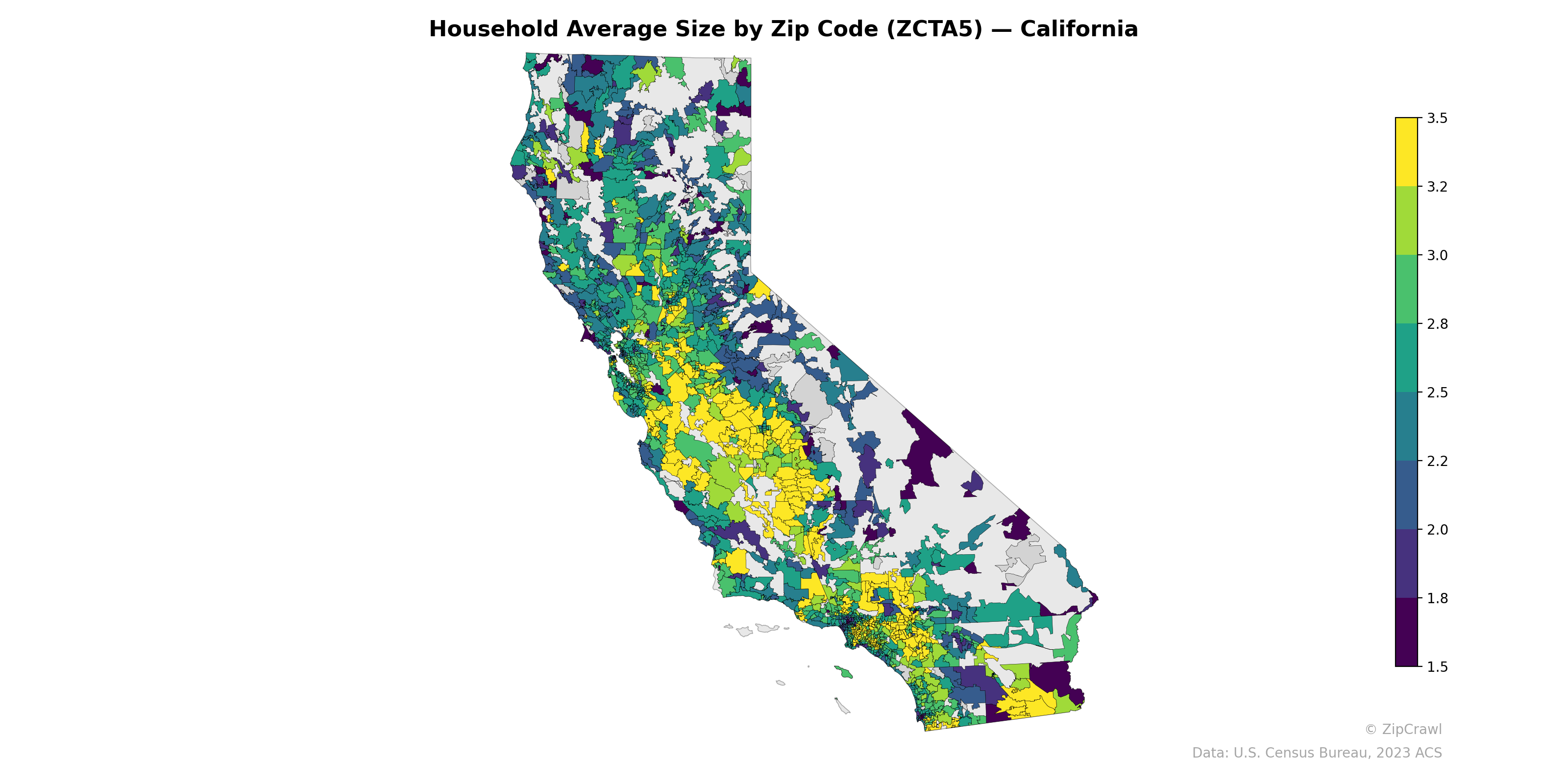 Household Average Size by Zip Code (ZCTA5) — California