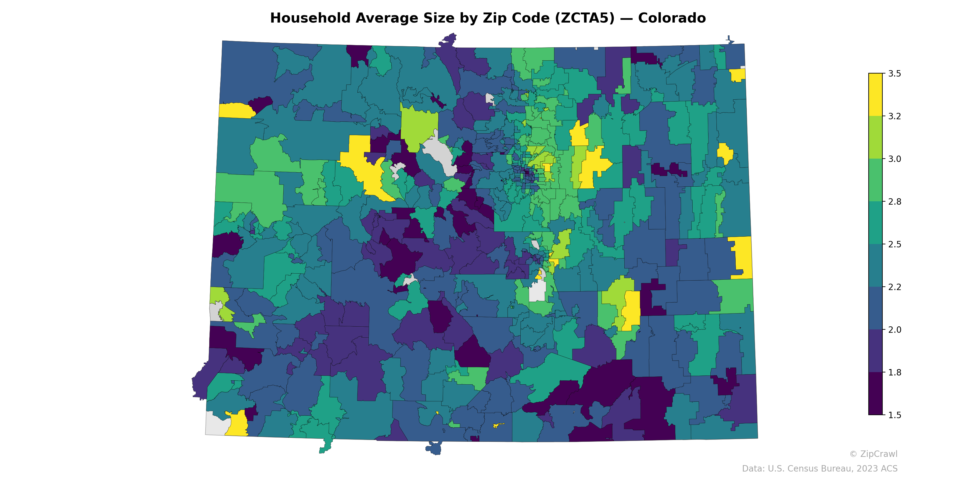 Household Average Size by Zip Code (ZCTA5) — Colorado