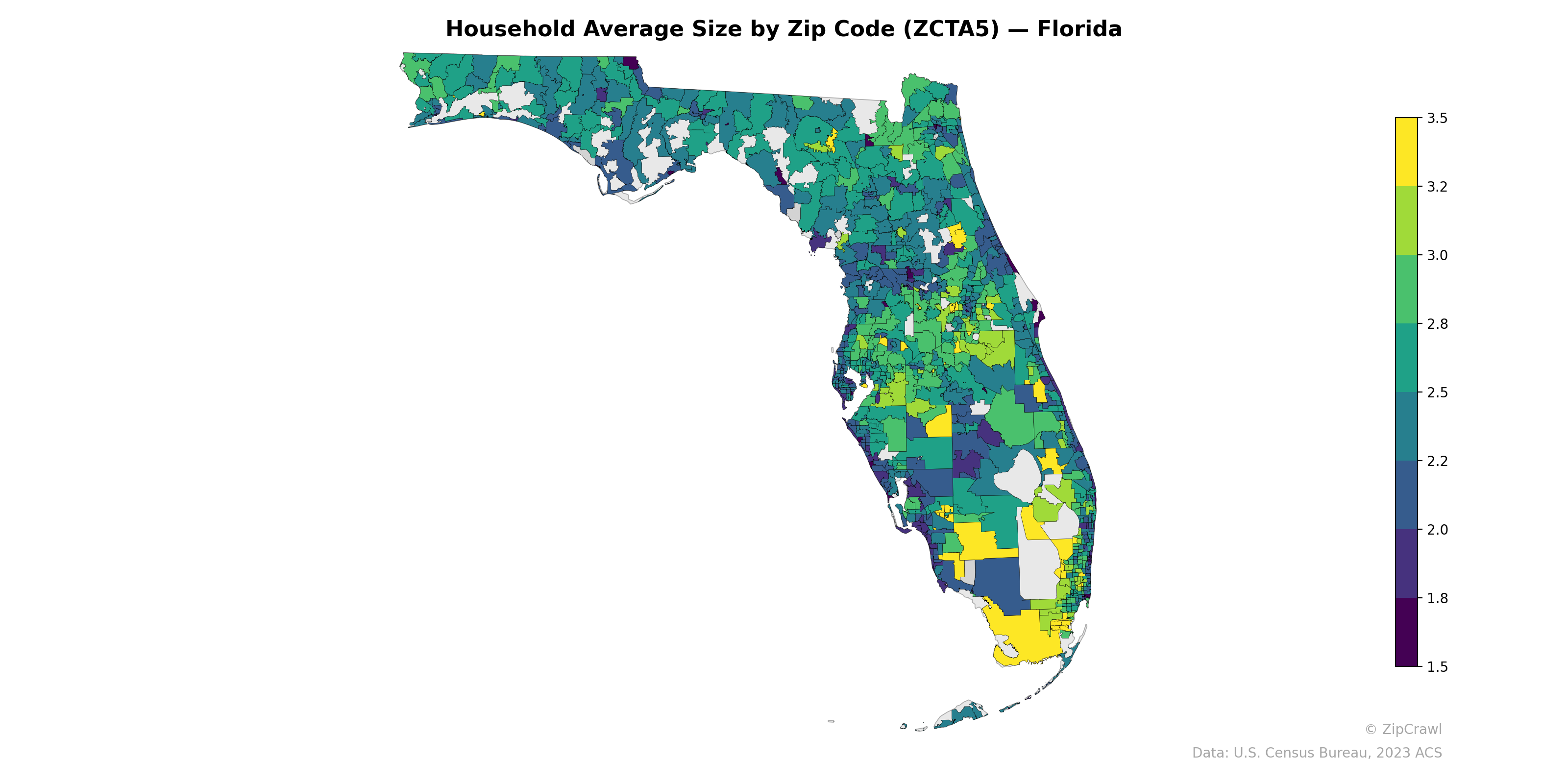 Household Average Size by Zip Code (ZCTA5) — Florida