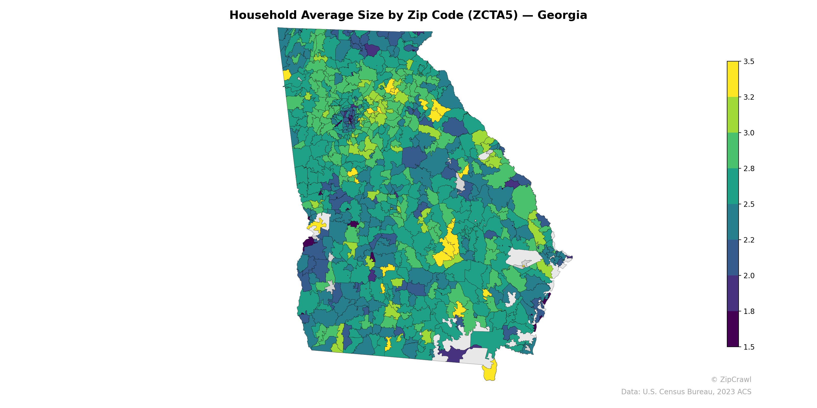 Household Average Size by Zip Code (ZCTA5) — Georgia