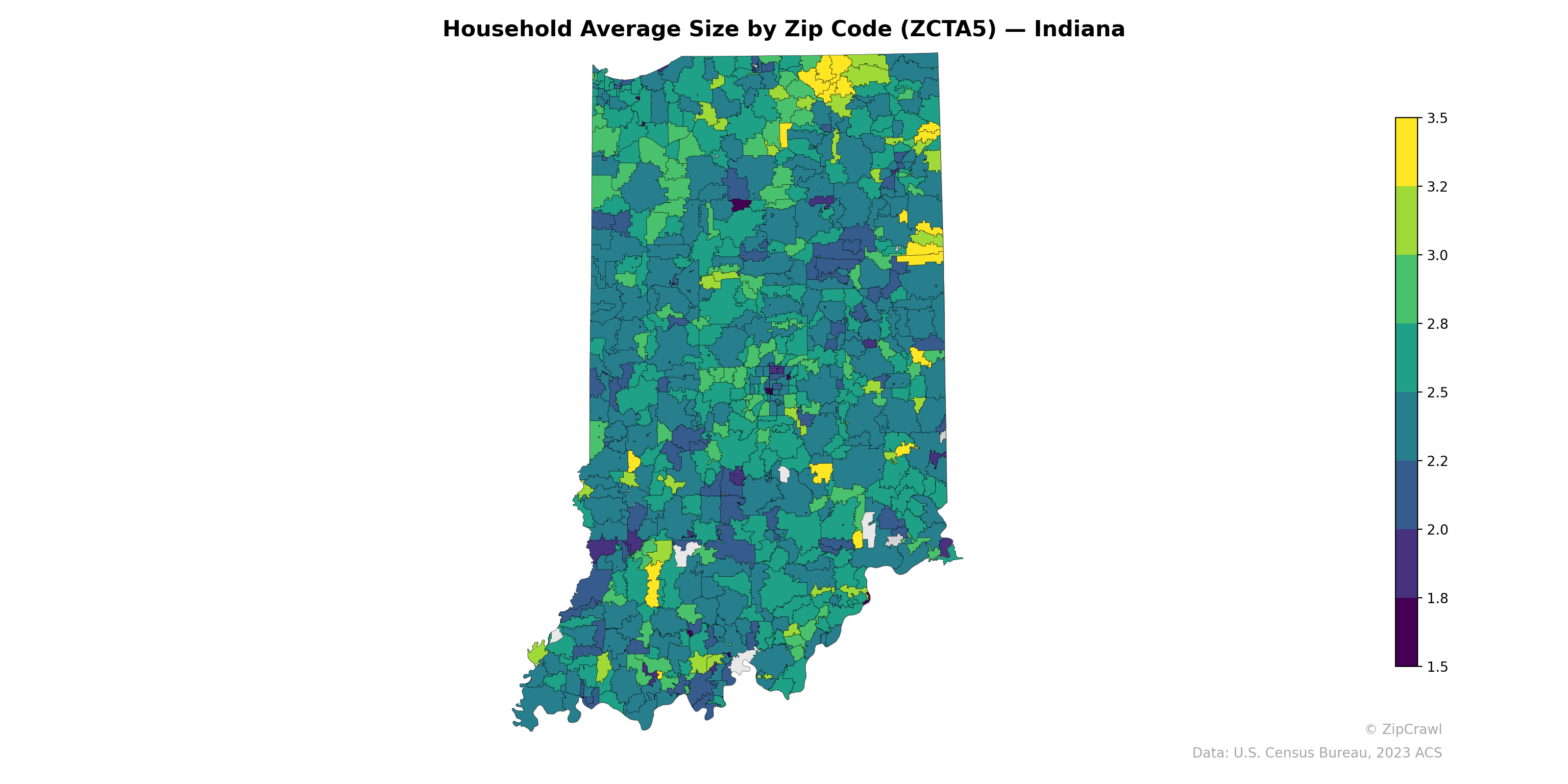 Household Average Size by Zip Code (ZCTA5) — Indiana