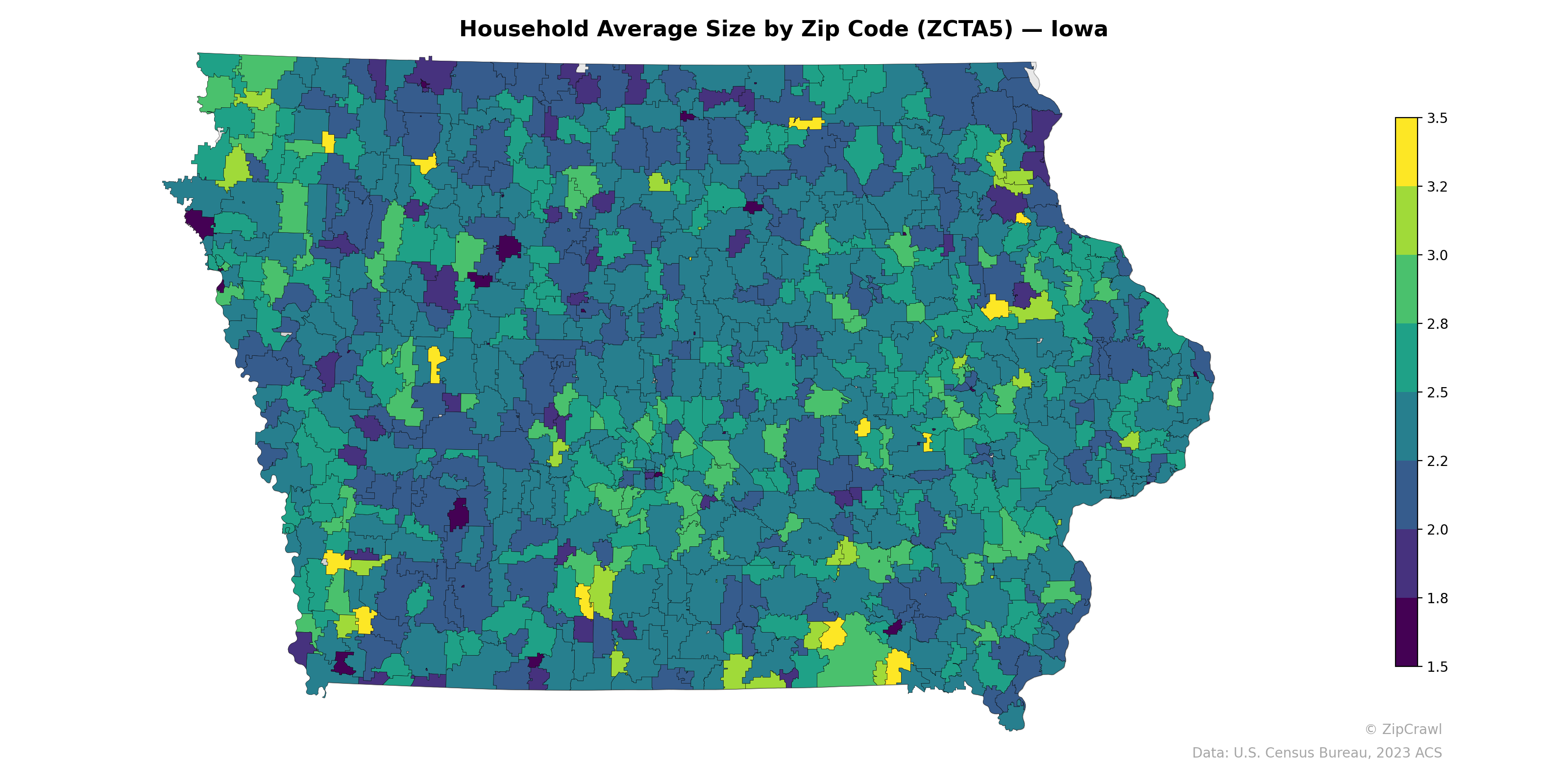 Household Average Size by Zip Code (ZCTA5) — Iowa
