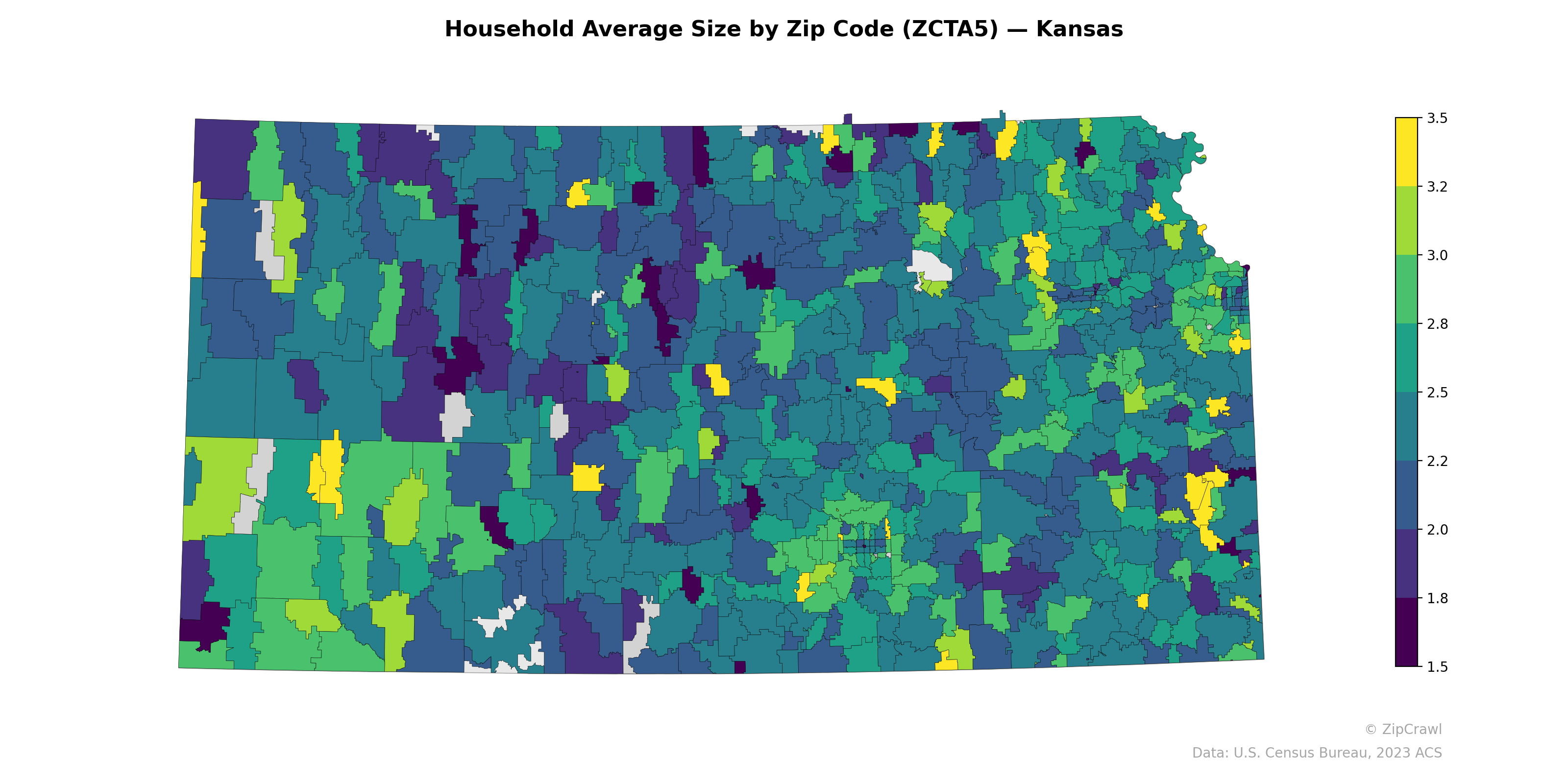 Household Average Size by Zip Code (ZCTA5) — Kansas