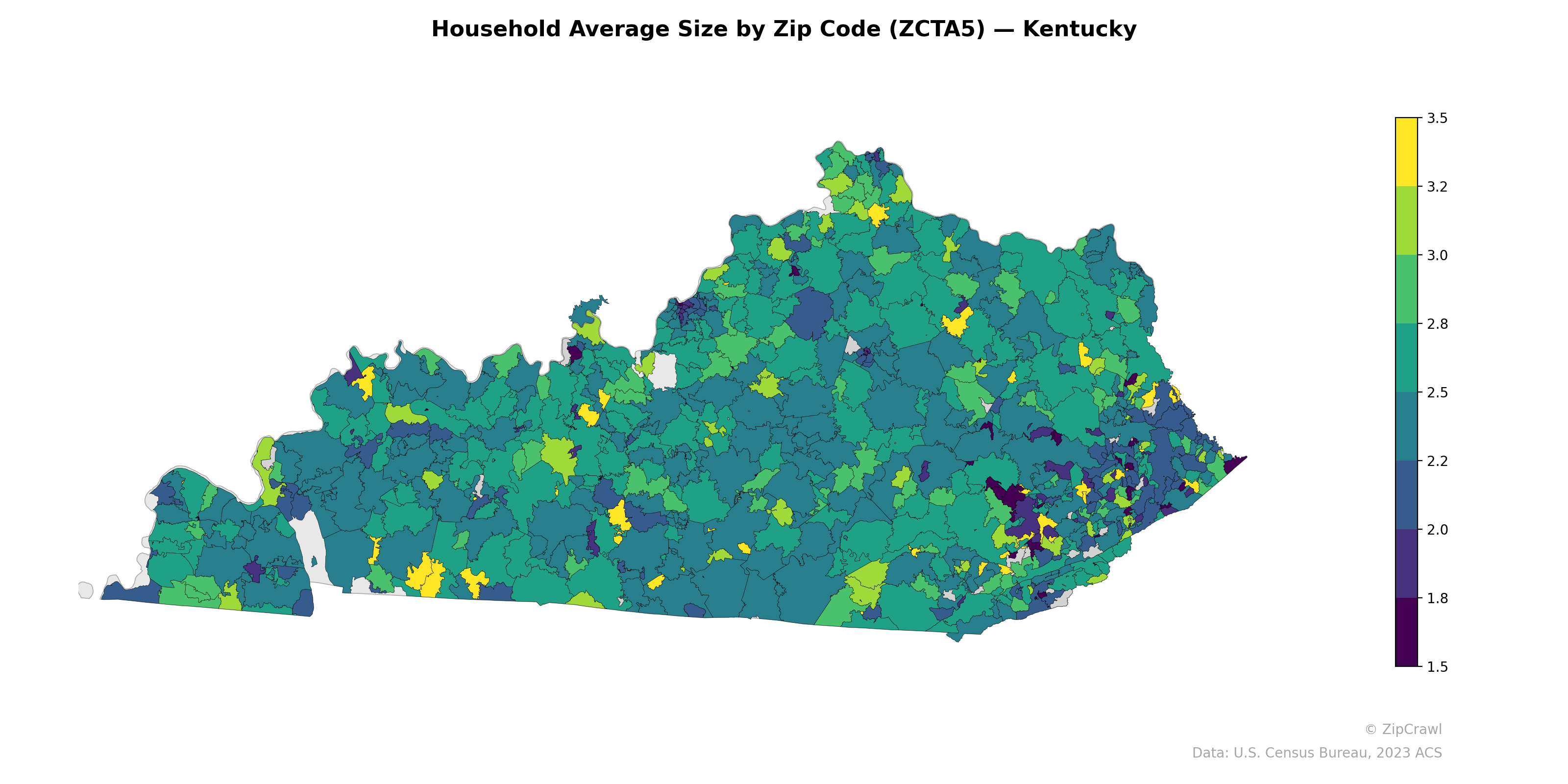 Household Average Size by Zip Code (ZCTA5) — Kentucky