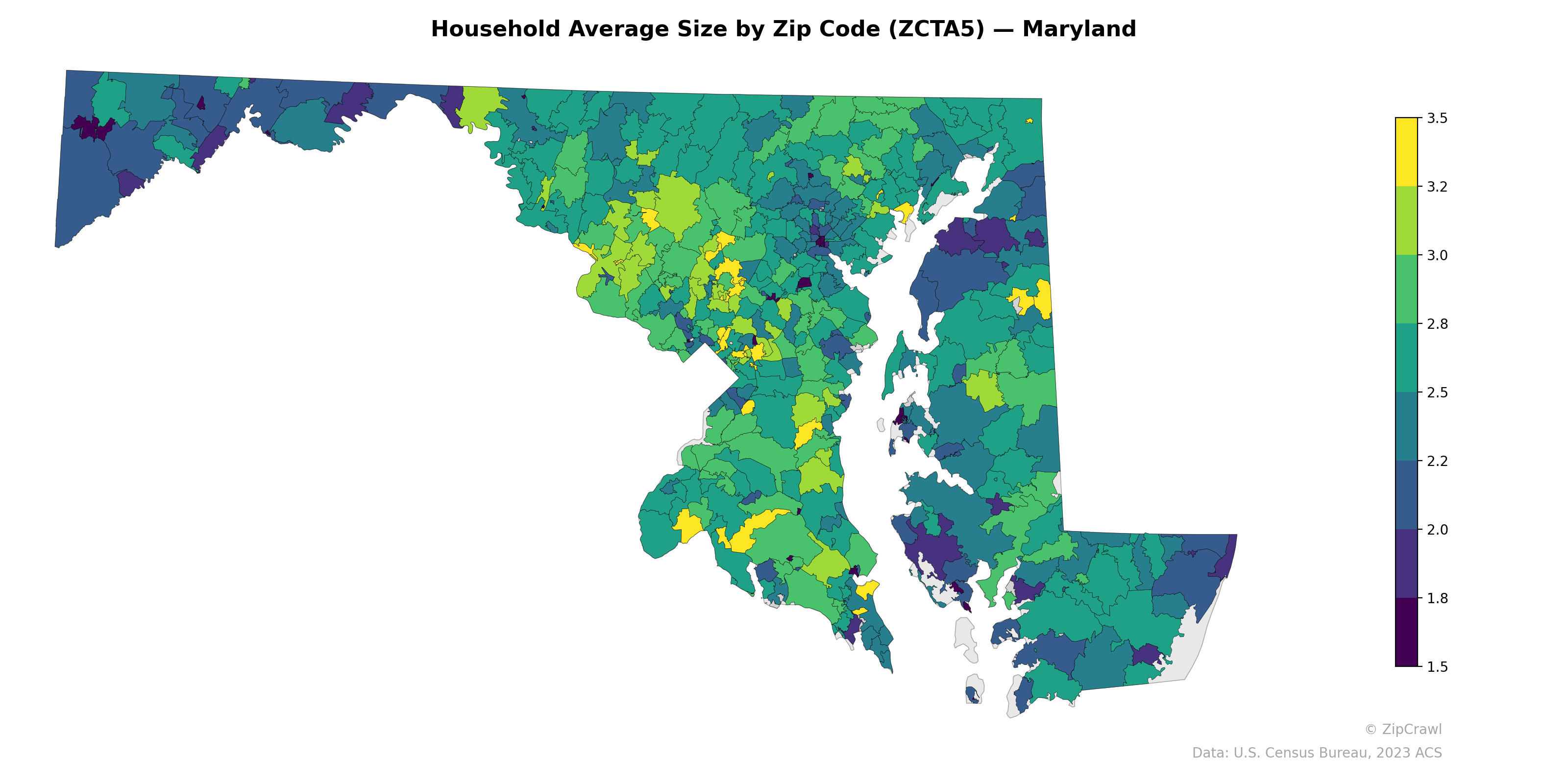 Household Average Size by Zip Code (ZCTA5) — Maryland