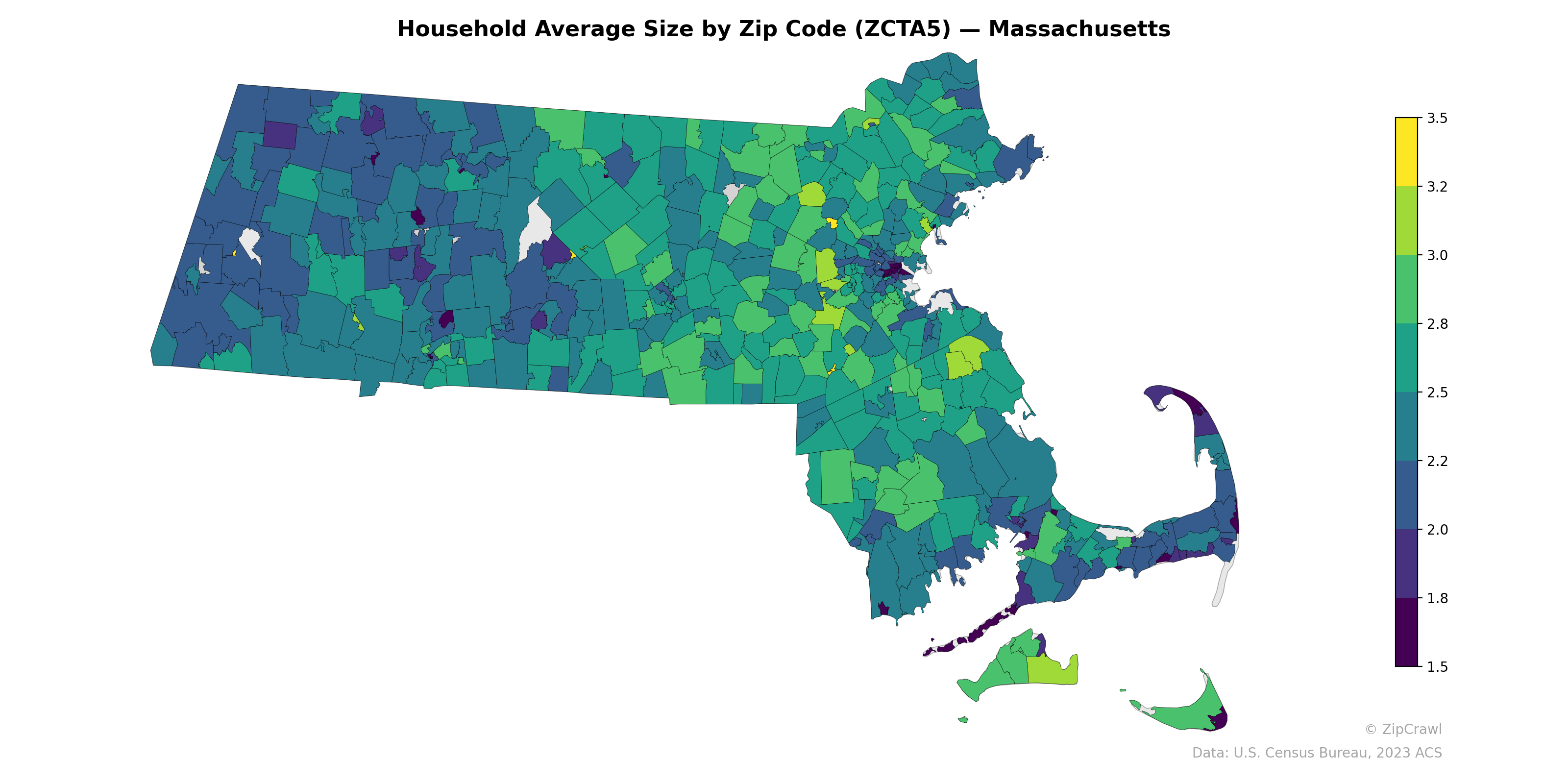 Household Average Size by Zip Code (ZCTA5) — Massachusetts