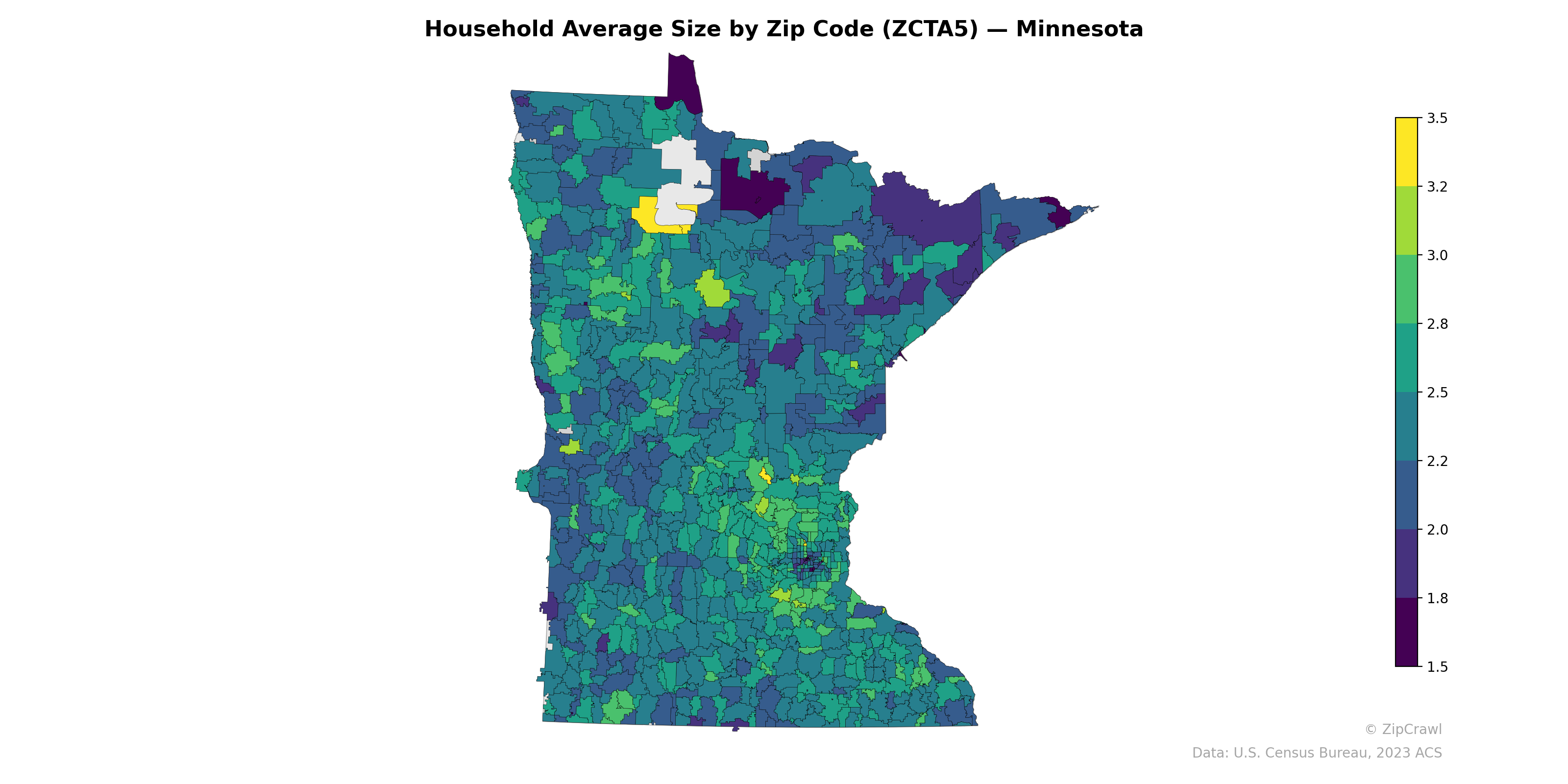 Household Average Size by Zip Code (ZCTA5) — Minnesota