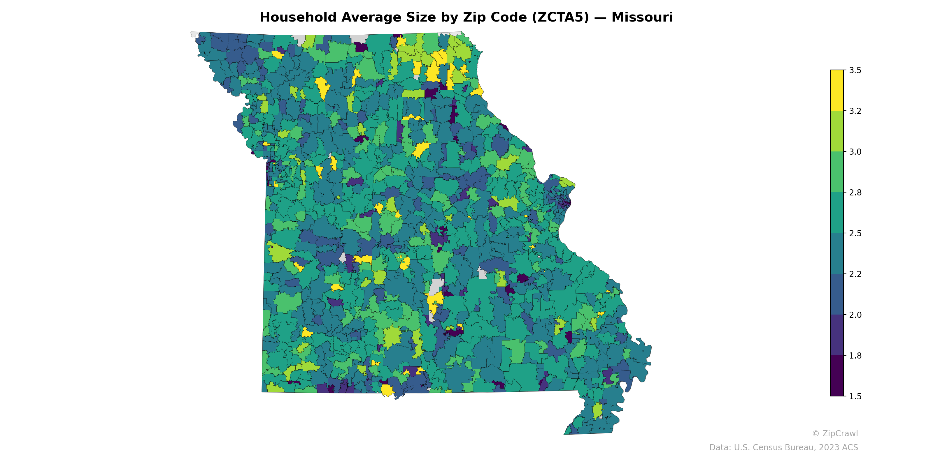 Household Average Size by Zip Code (ZCTA5) — Missouri