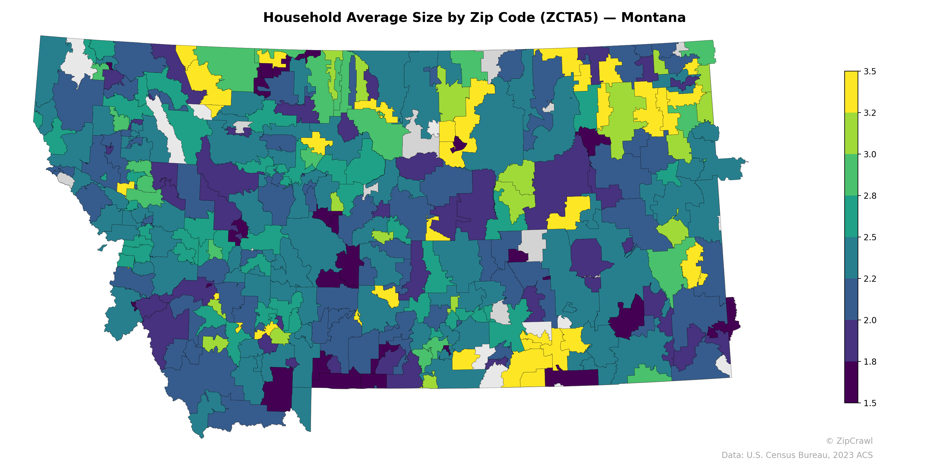 Household Average Size by Zip Code (ZCTA5) — Montana