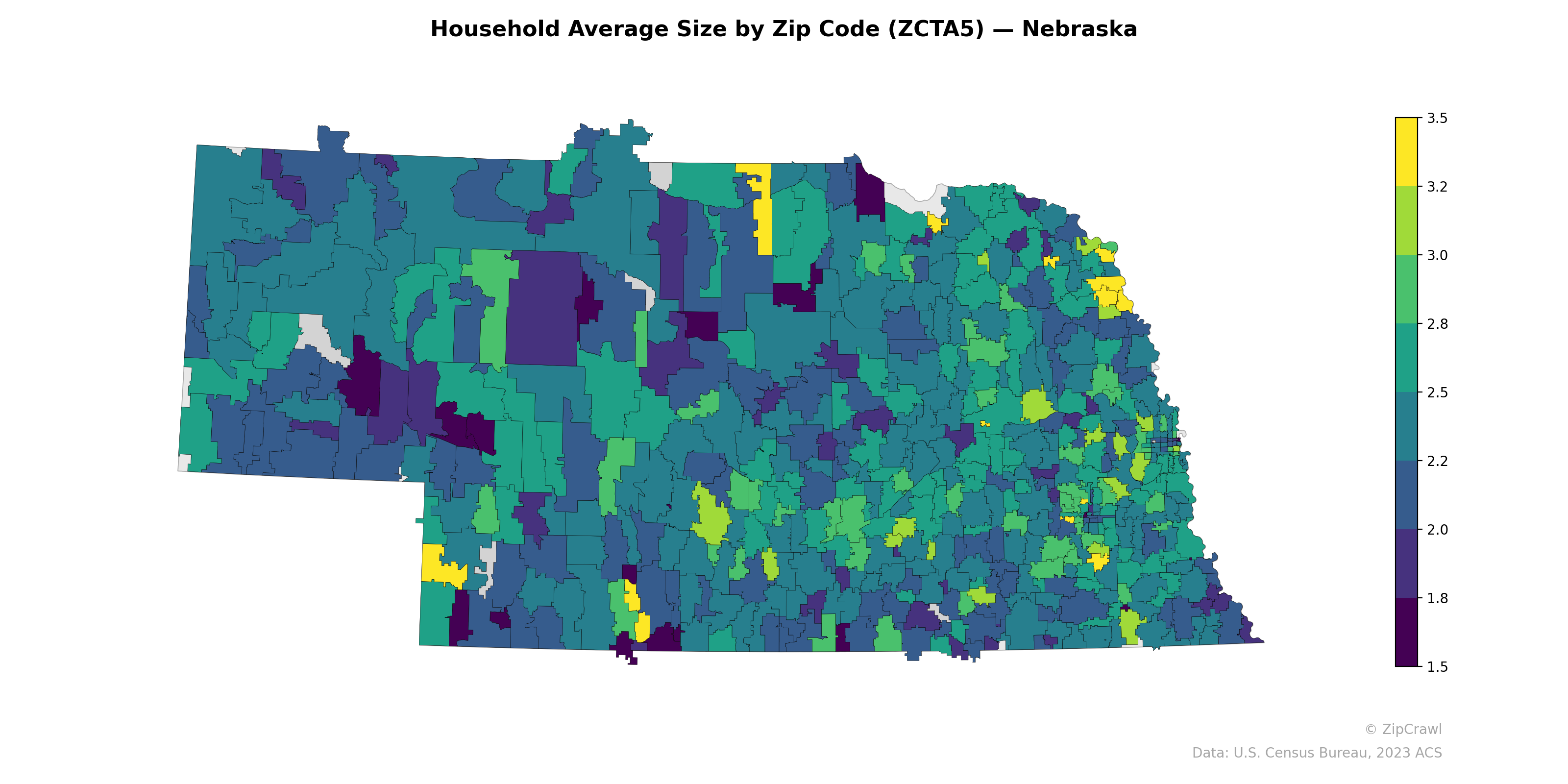 Household Average Size by Zip Code (ZCTA5) — Nebraska