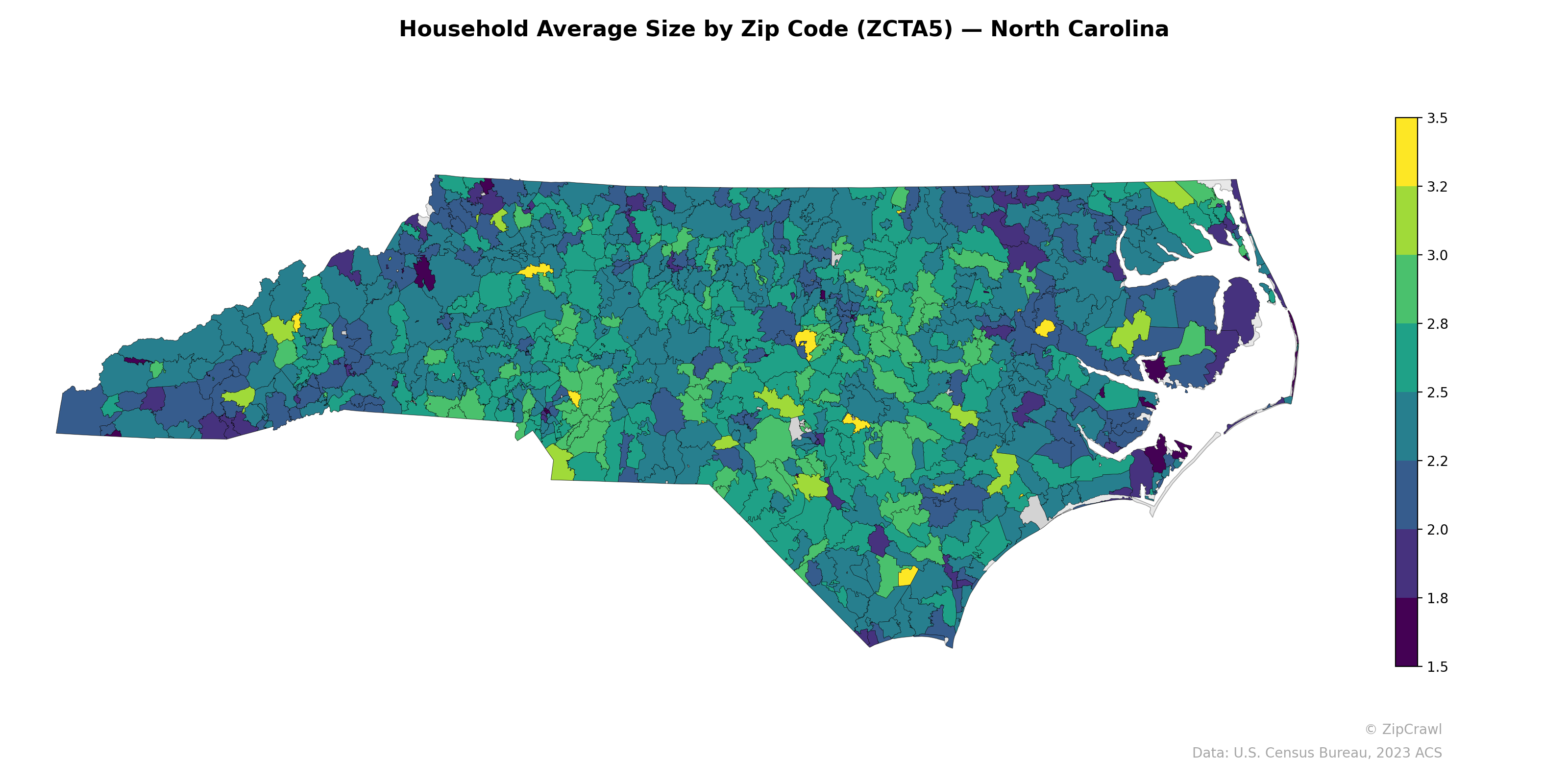 Household Average Size by Zip Code (ZCTA5) — North Carolina