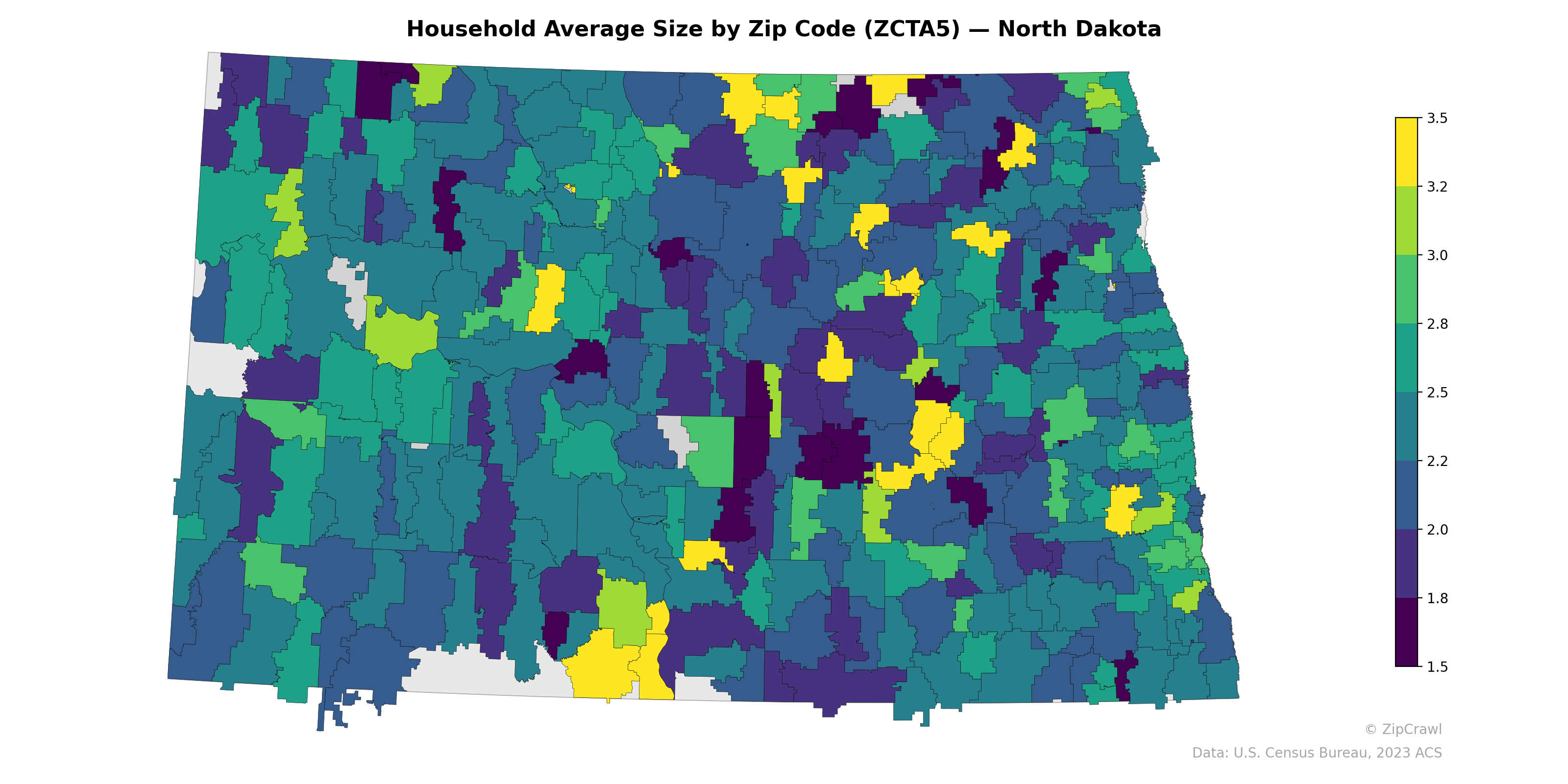 Household Average Size by Zip Code (ZCTA5) — North Dakota