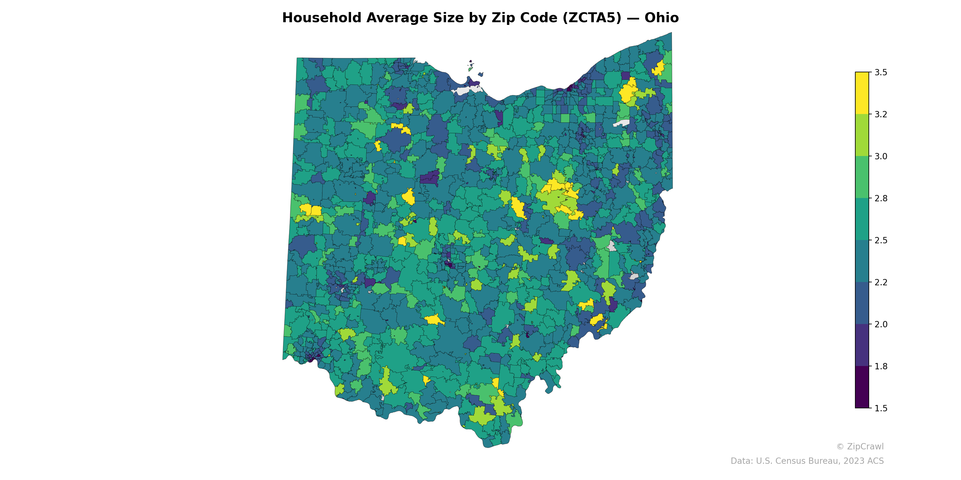 Household Average Size by Zip Code (ZCTA5) — Ohio