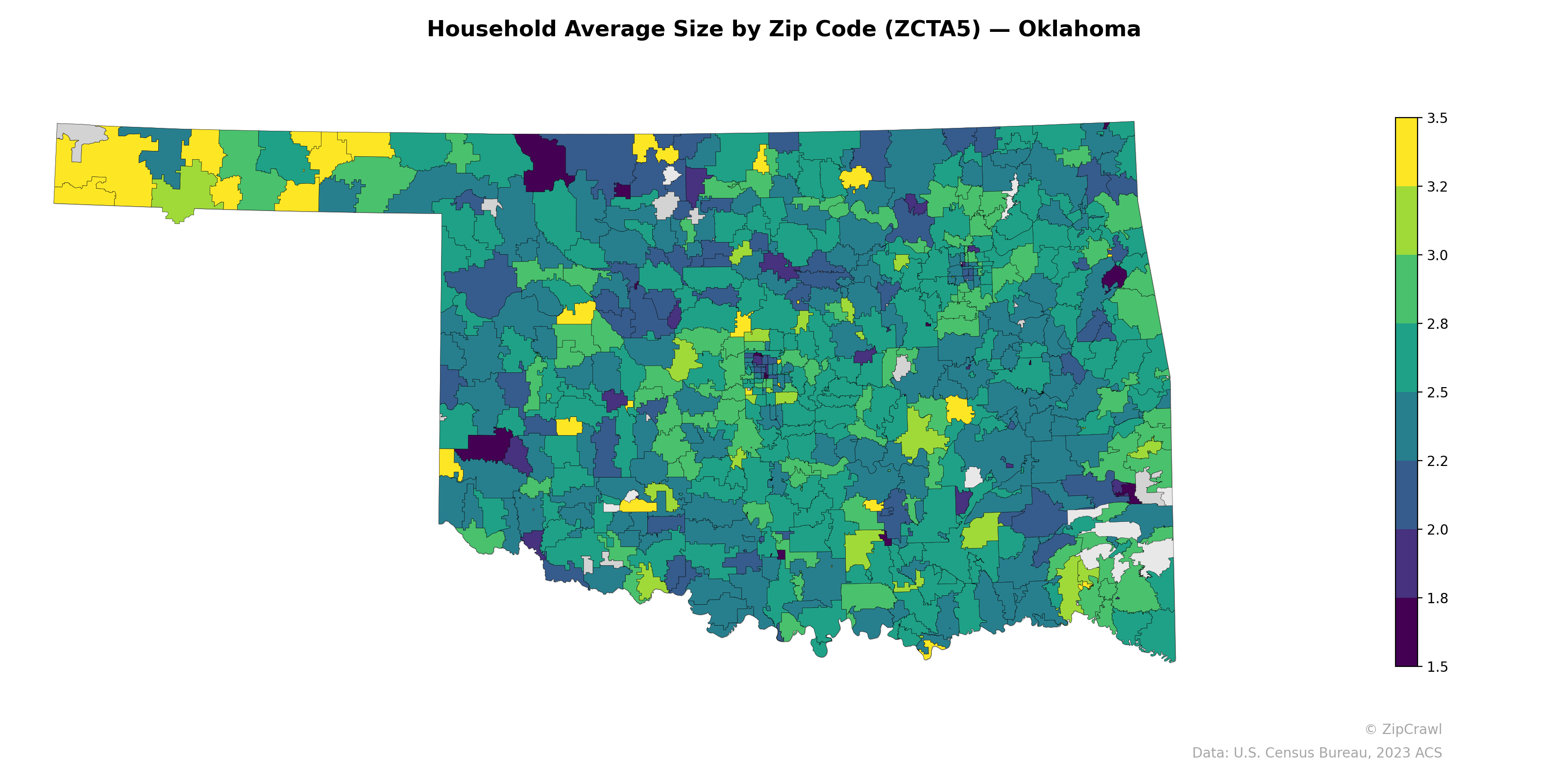 Household Average Size by Zip Code (ZCTA5) — Oklahoma