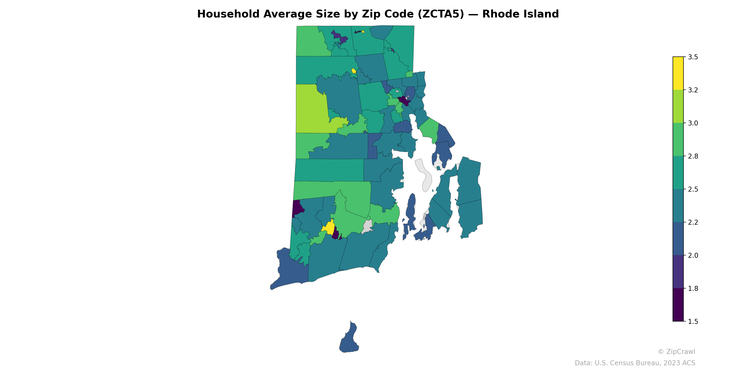Household Average Size by Zip Code (ZCTA5) — Rhode Island