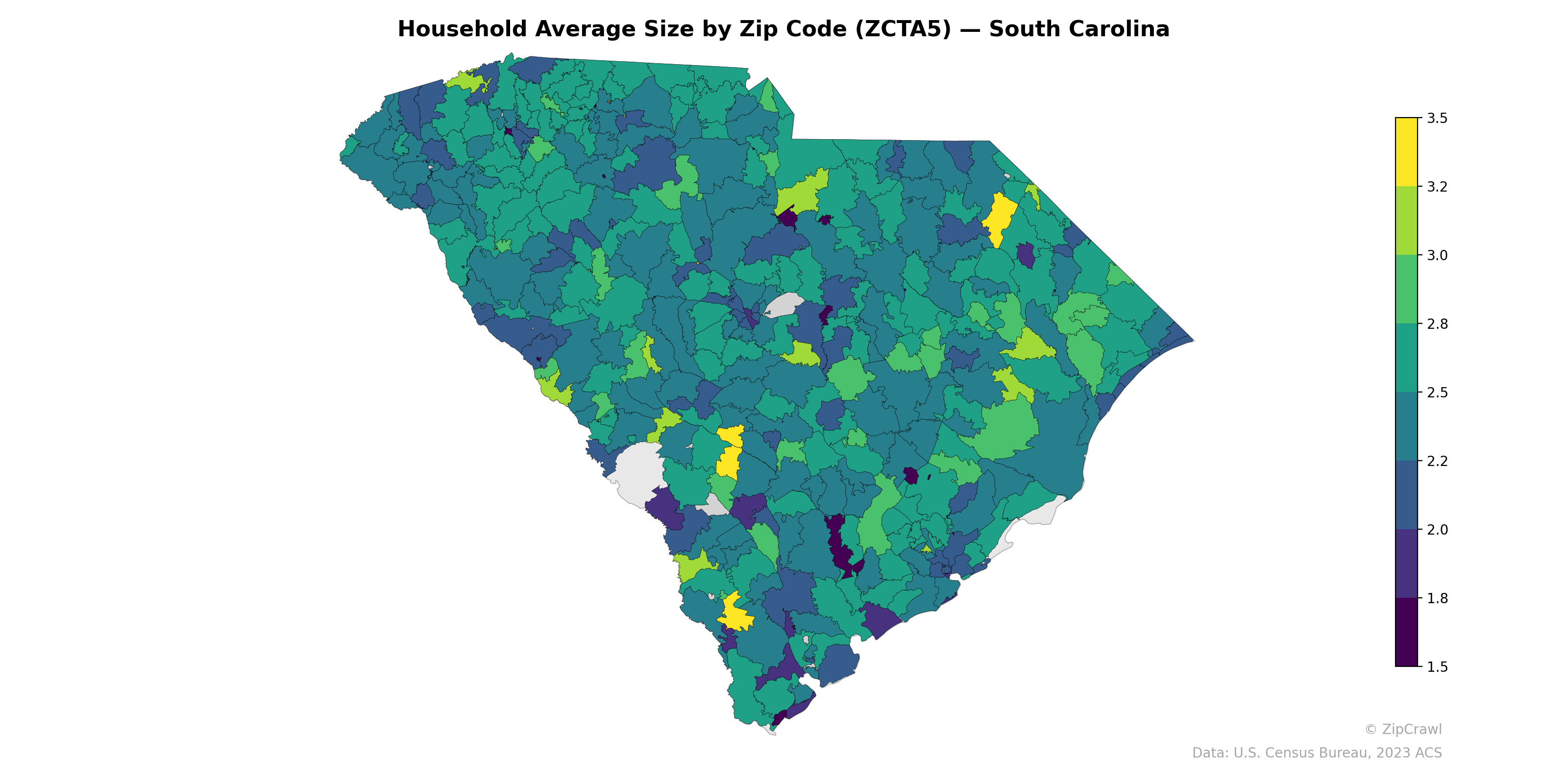 Household Average Size by Zip Code (ZCTA5) — South Carolina