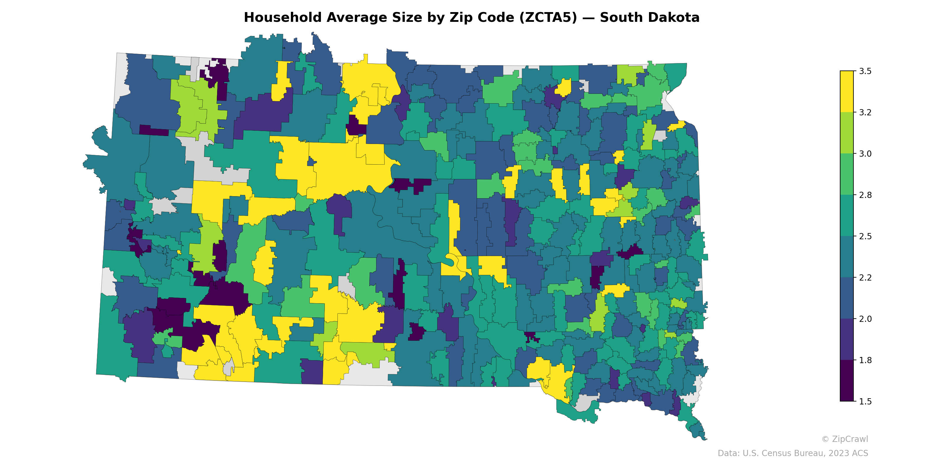 Household Average Size by Zip Code (ZCTA5) — South Dakota