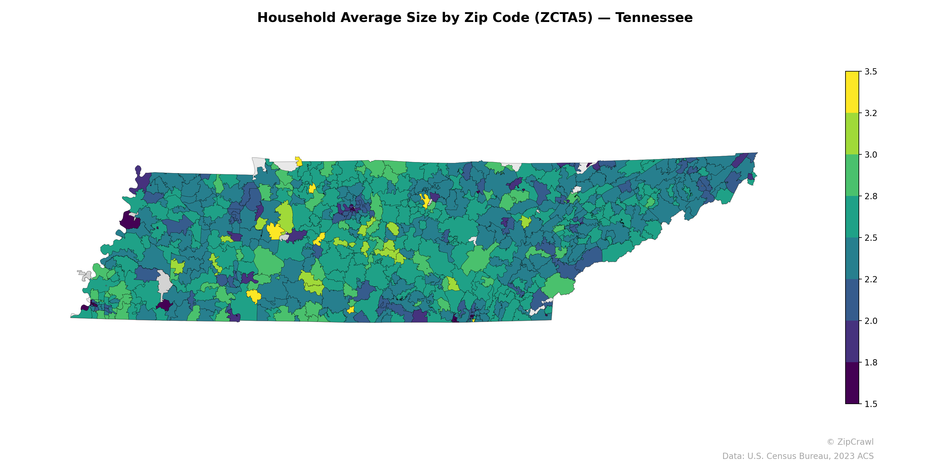 Household Average Size by Zip Code (ZCTA5) — Tennessee