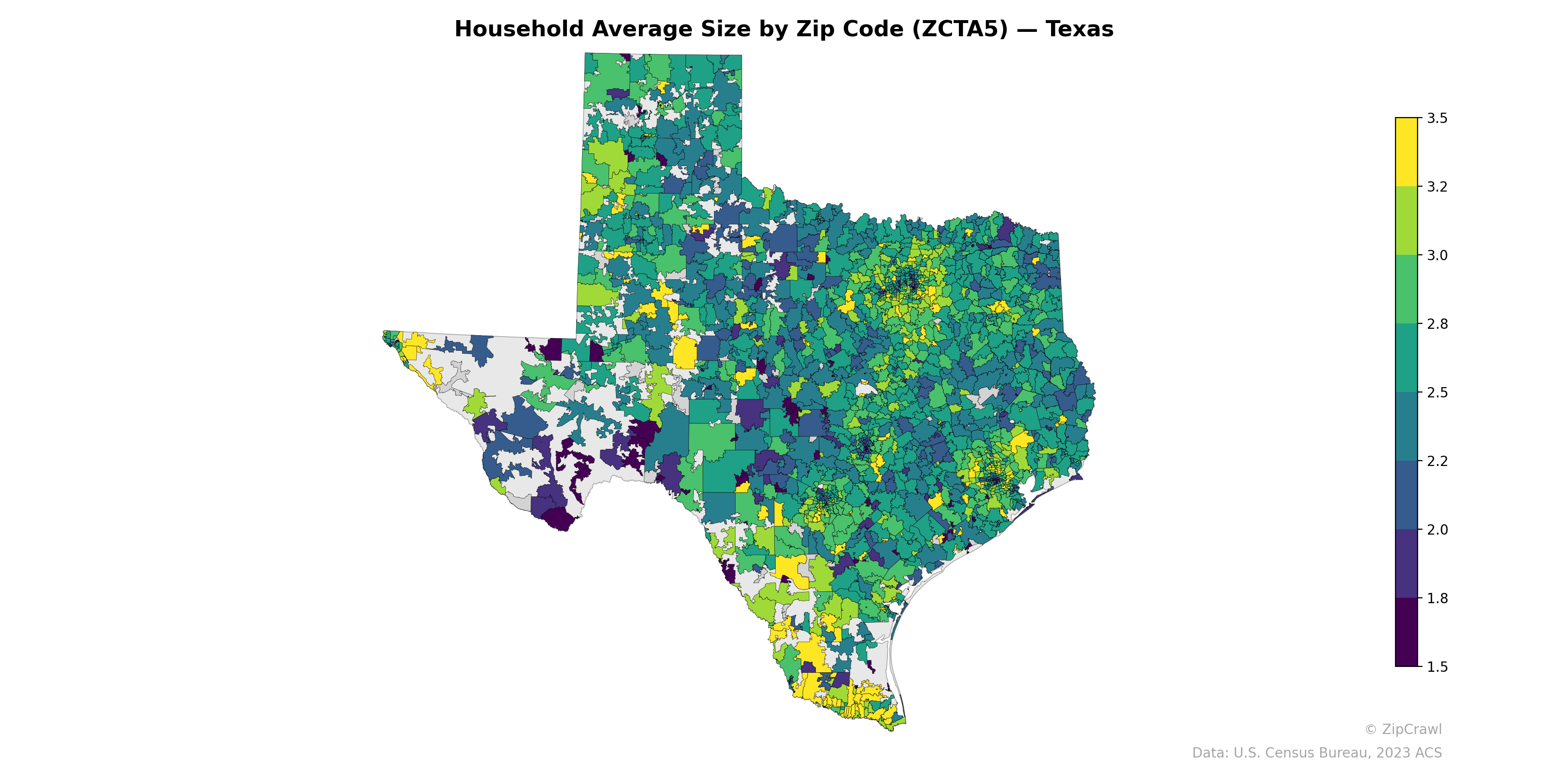 Household Average Size by Zip Code (ZCTA5) — Texas