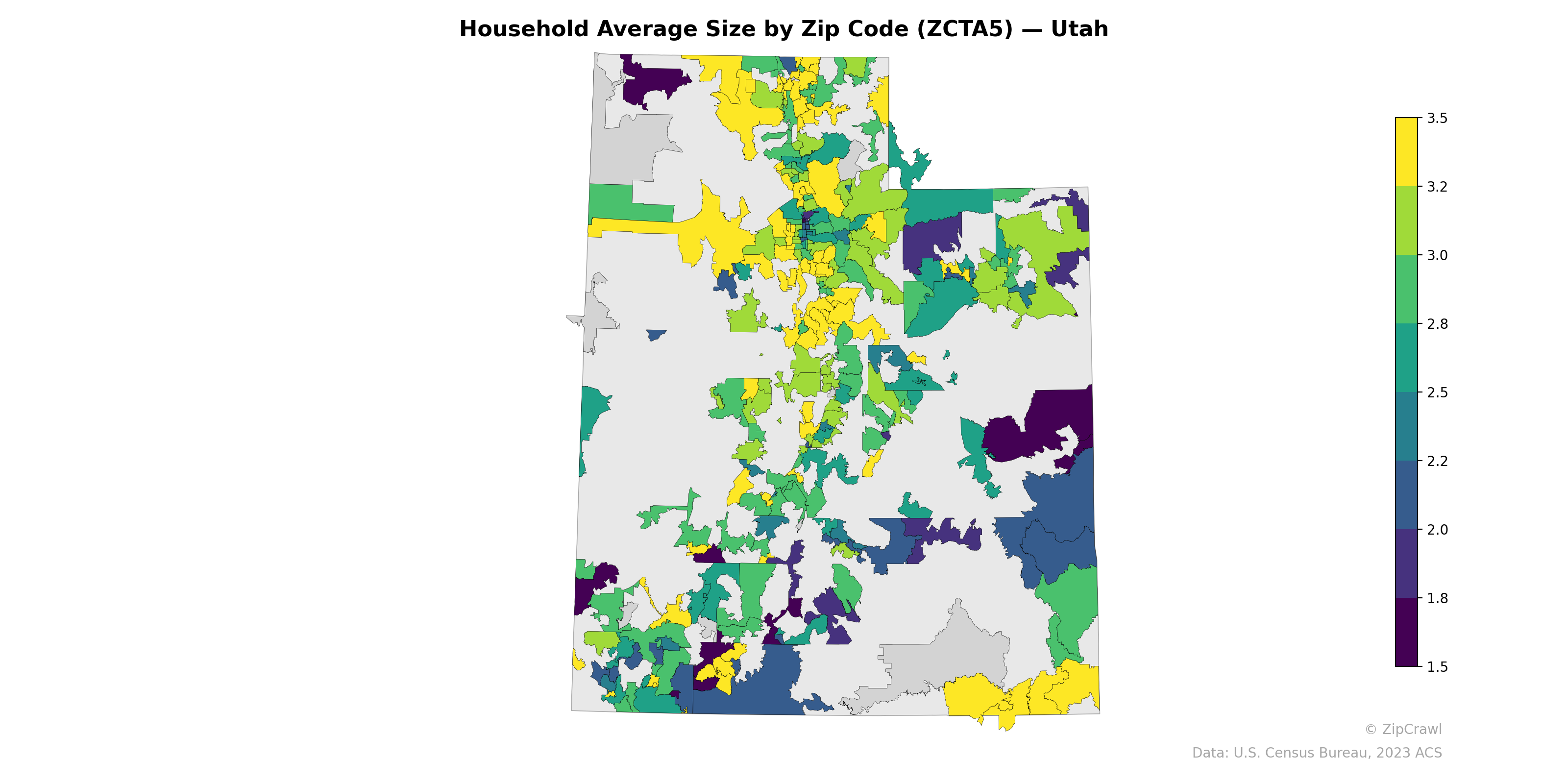 Household Average Size by Zip Code (ZCTA5) — Utah