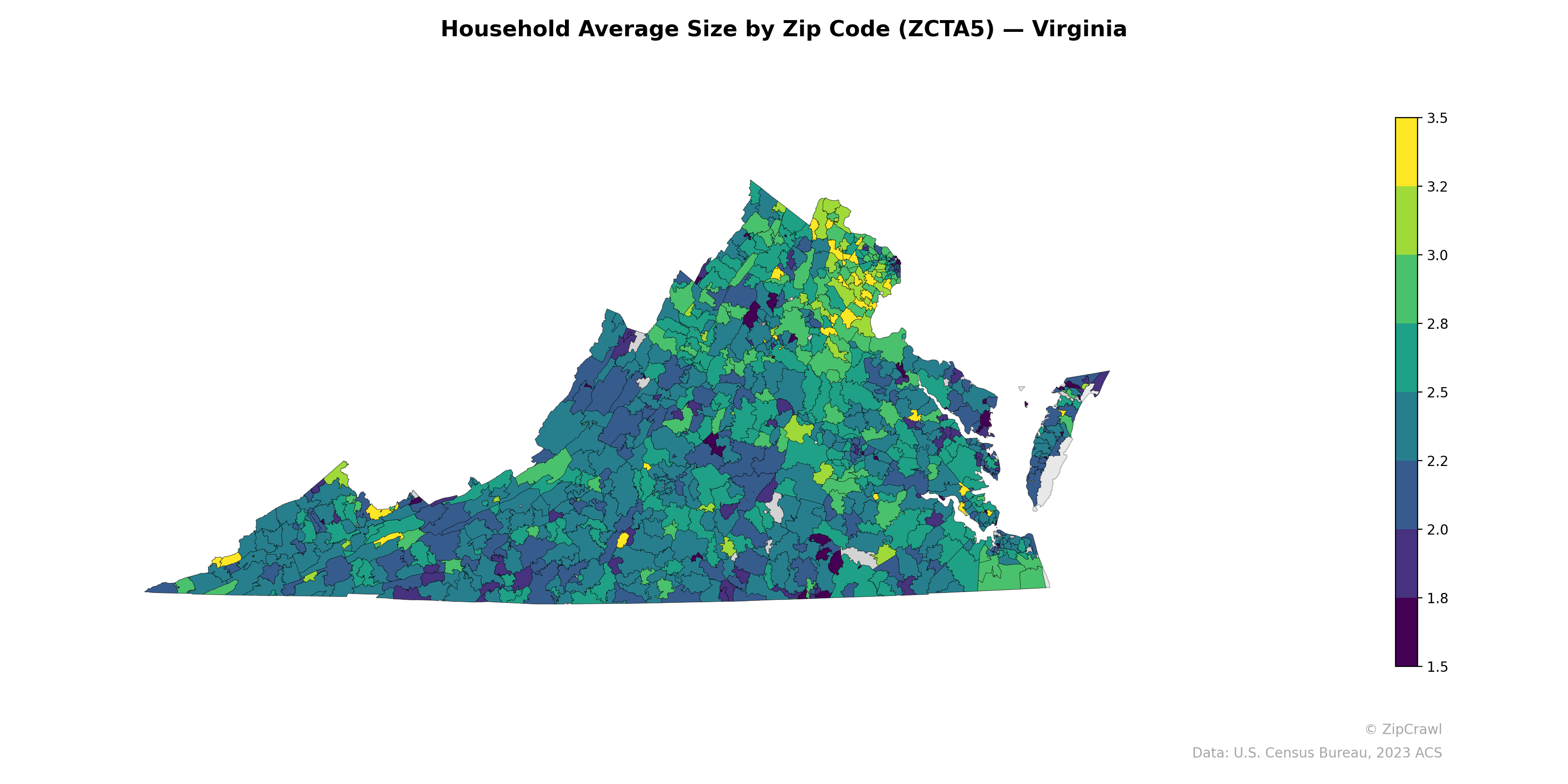 Household Average Size by Zip Code (ZCTA5) — Virginia