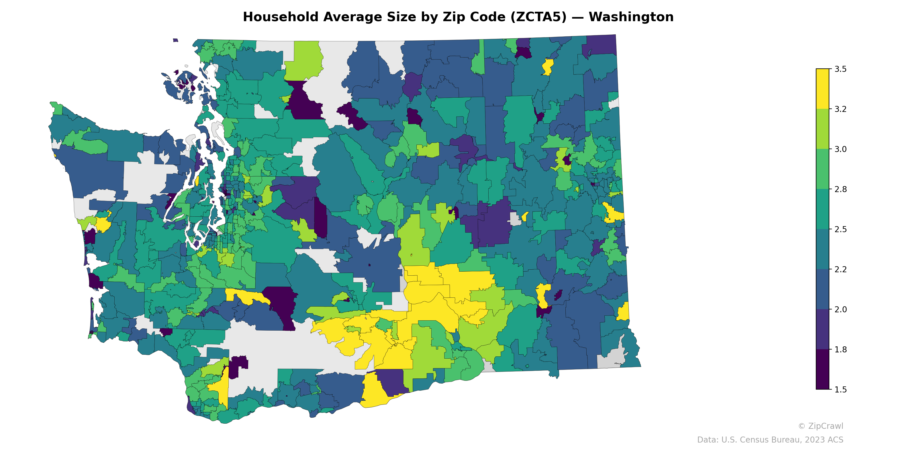 Household Average Size by Zip Code (ZCTA5) — Washington