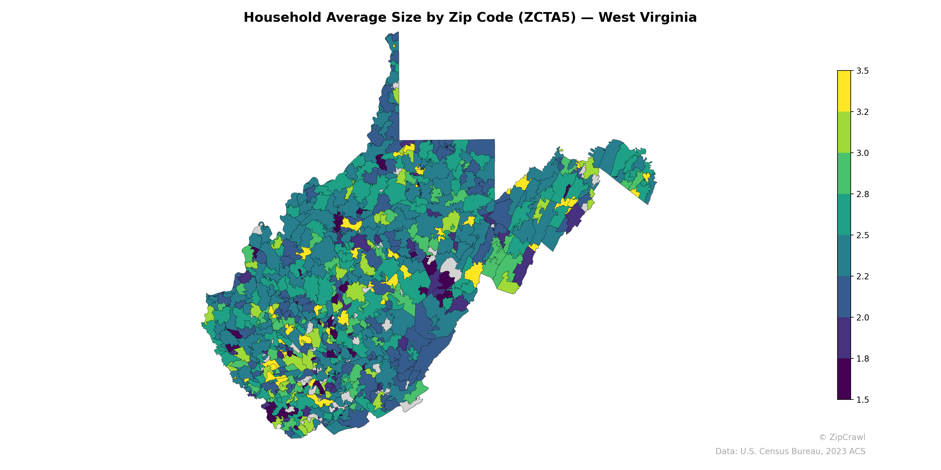 Household Average Size by Zip Code (ZCTA5) — West Virginia