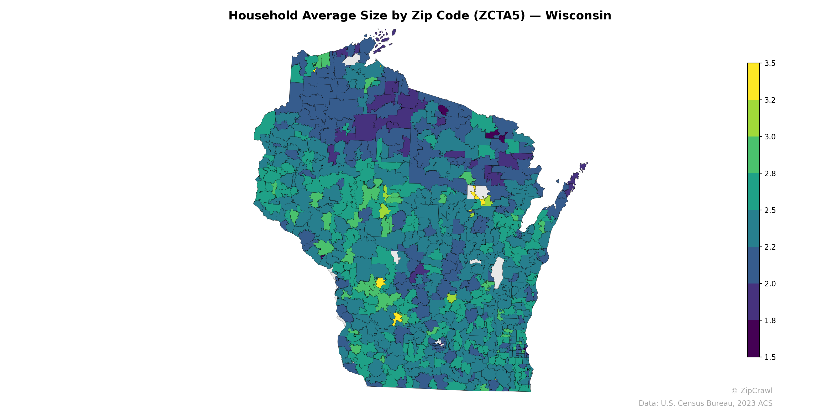 Household Average Size by Zip Code (ZCTA5) — Wisconsin