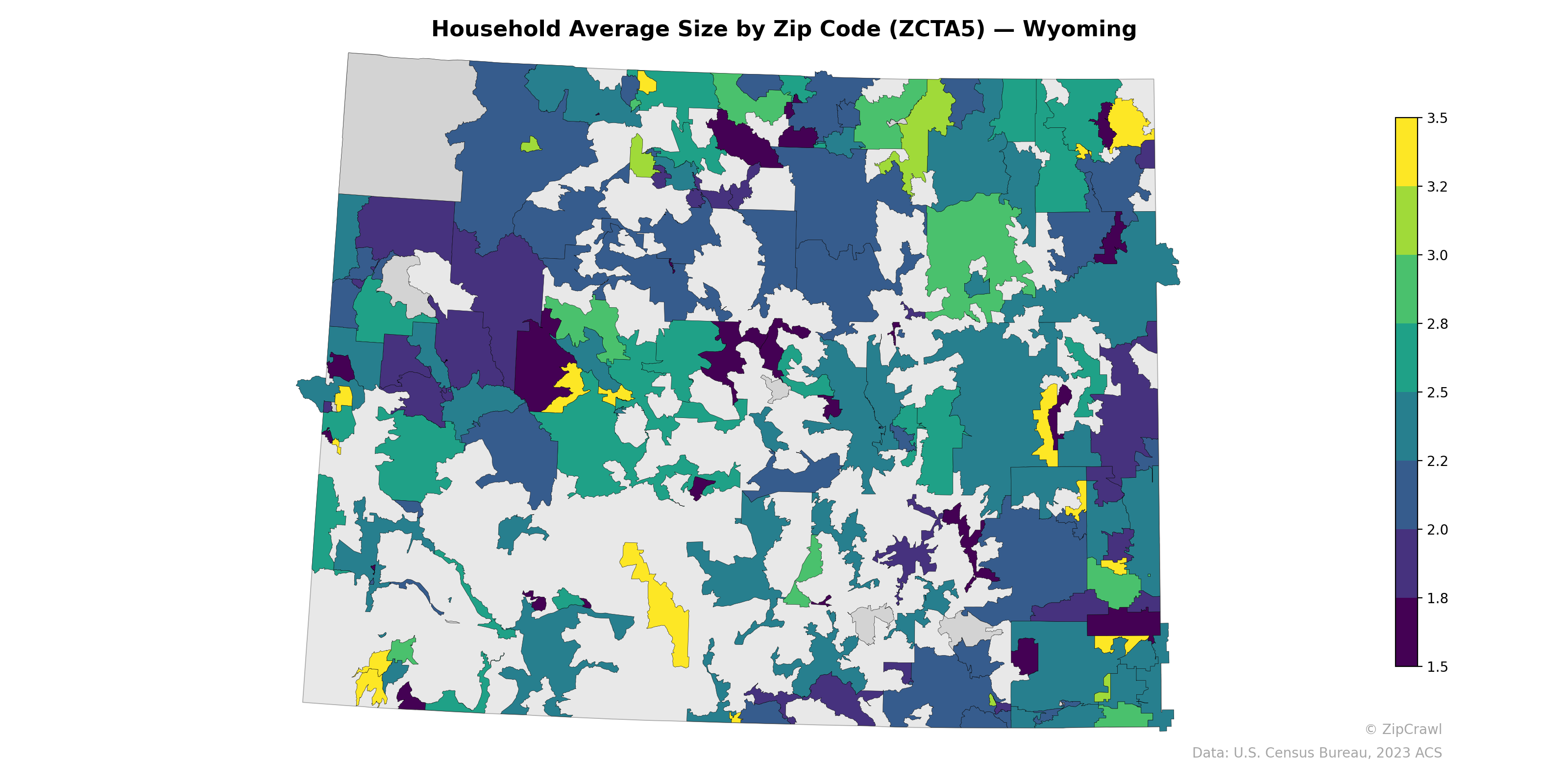 Household Average Size by Zip Code (ZCTA5) — Wyoming