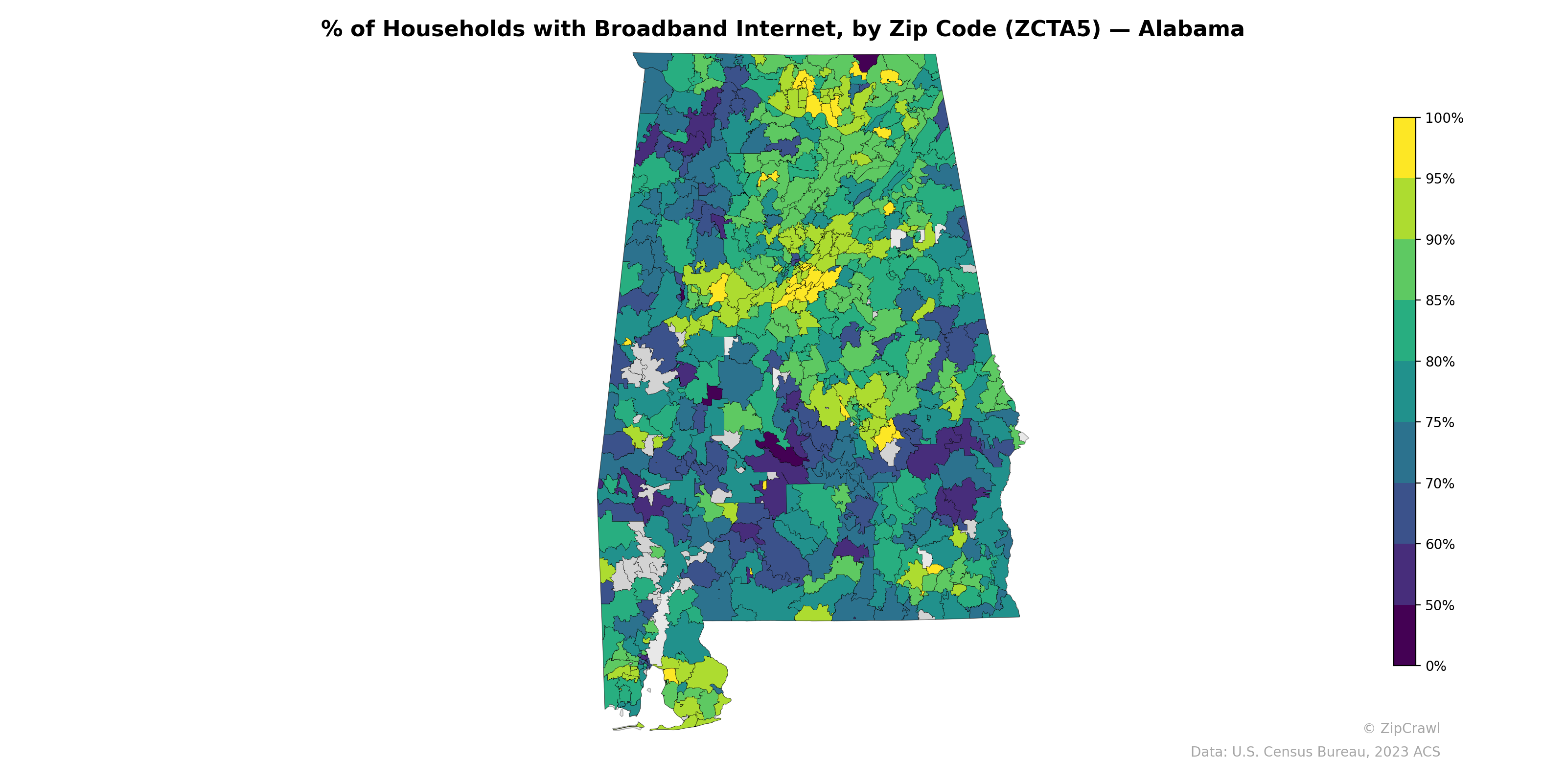 % of Households with Broadband Internet, by Zip Code (ZCTA5) — Alabama