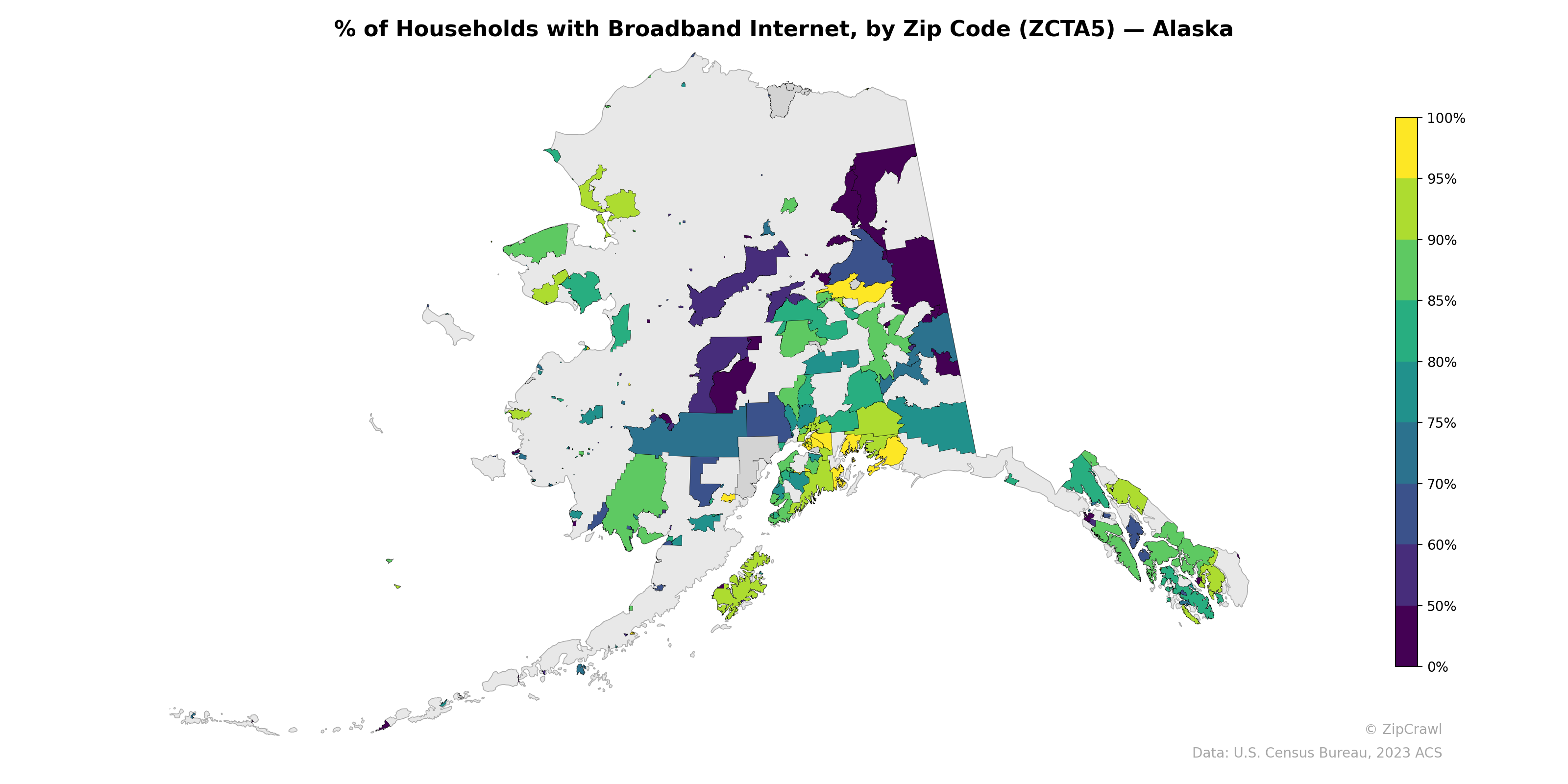 % of Households with Broadband Internet, by Zip Code (ZCTA5) — Alaska