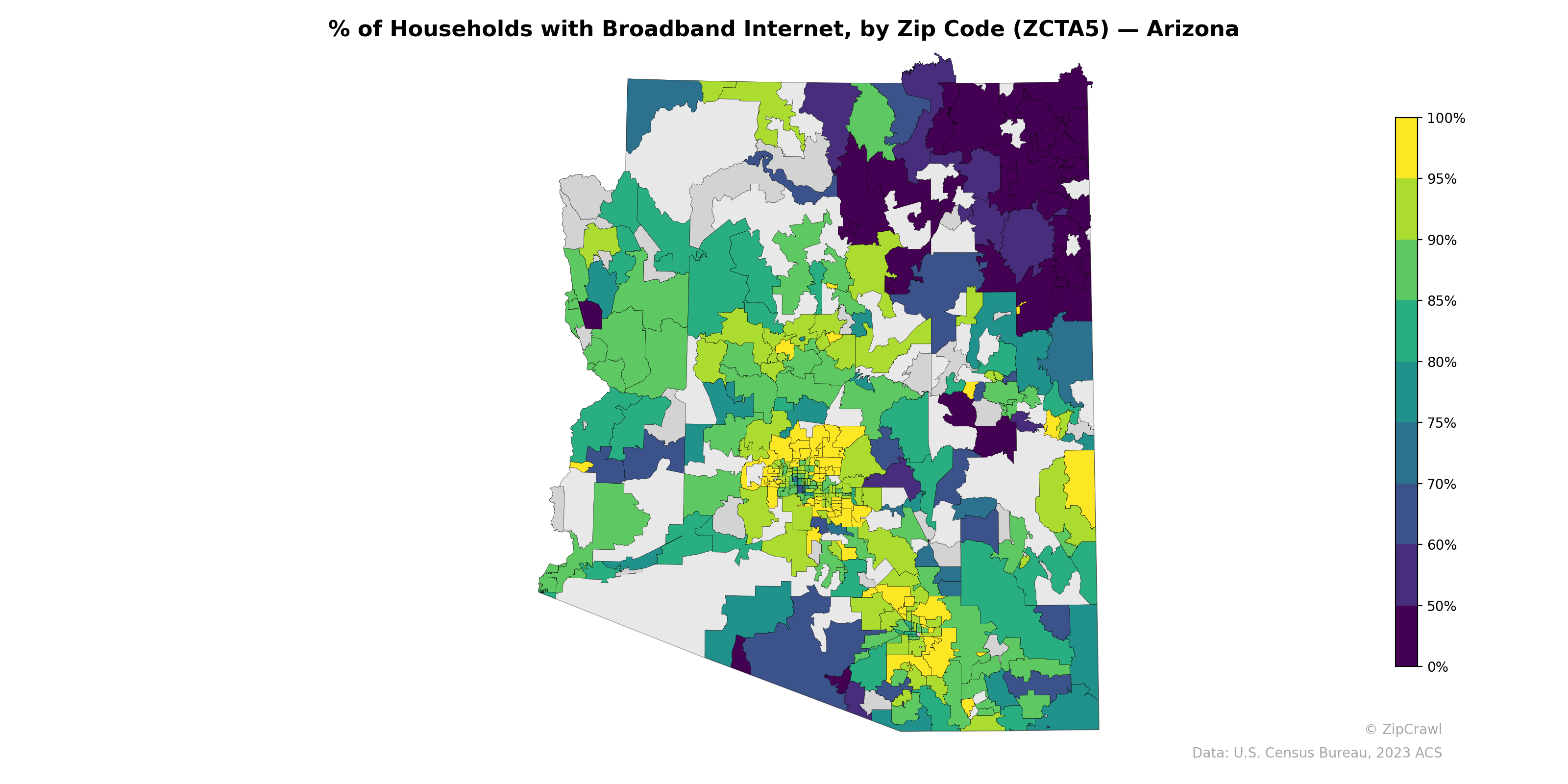 % of Households with Broadband Internet, by Zip Code (ZCTA5) — Arizona