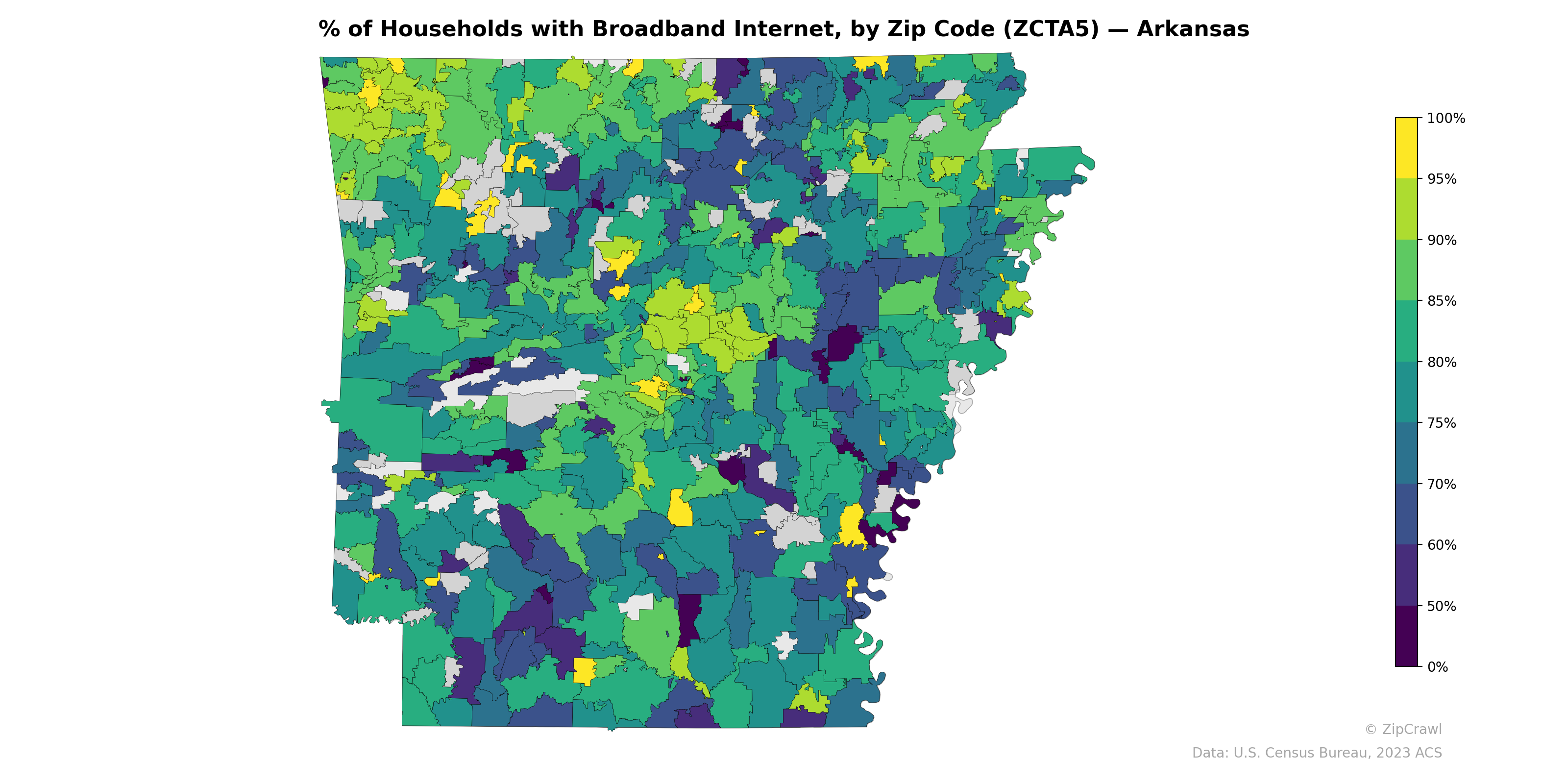 % of Households with Broadband Internet, by Zip Code (ZCTA5) — Arkansas