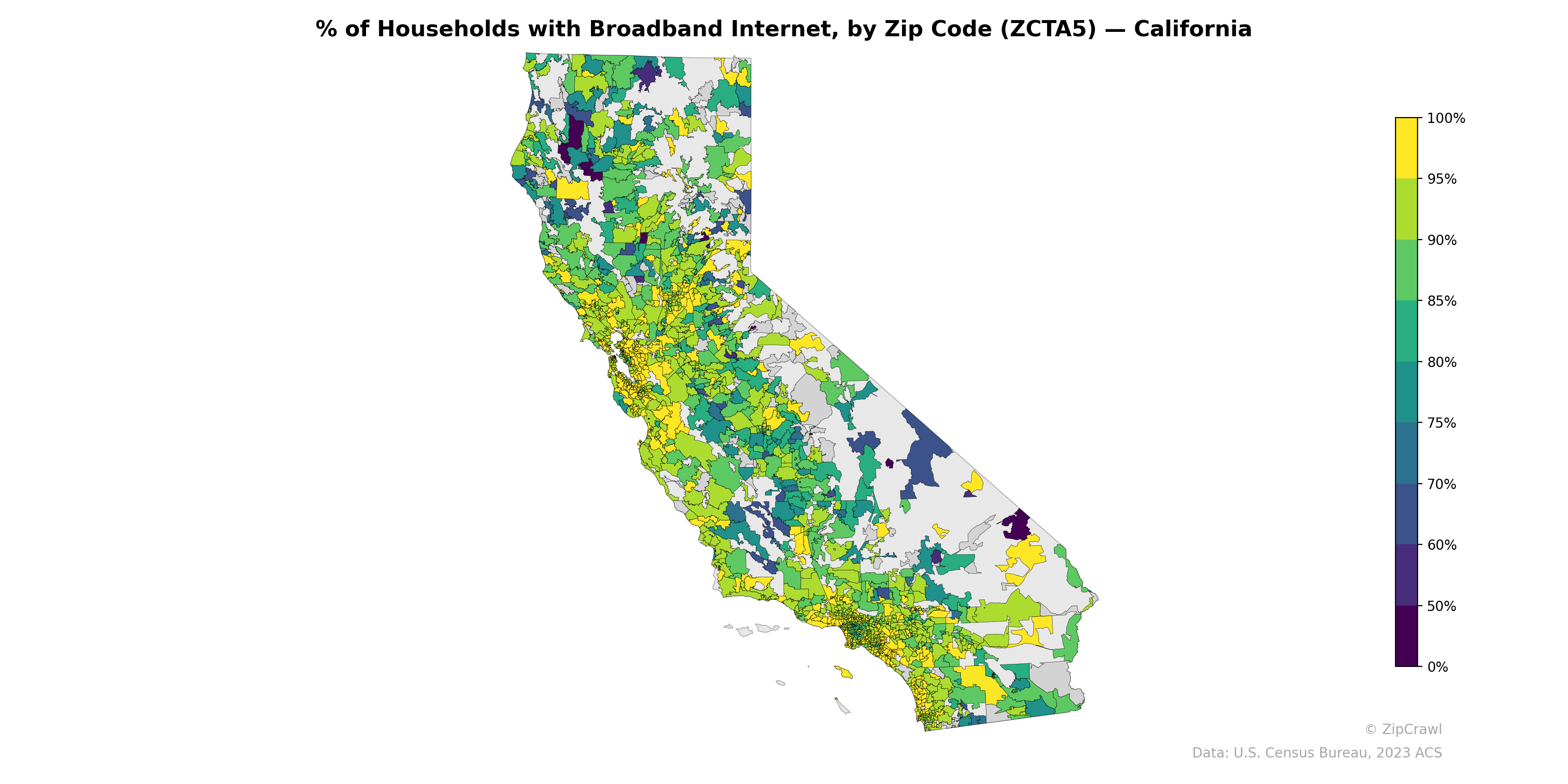 % of Households with Broadband Internet, by Zip Code (ZCTA5) — California