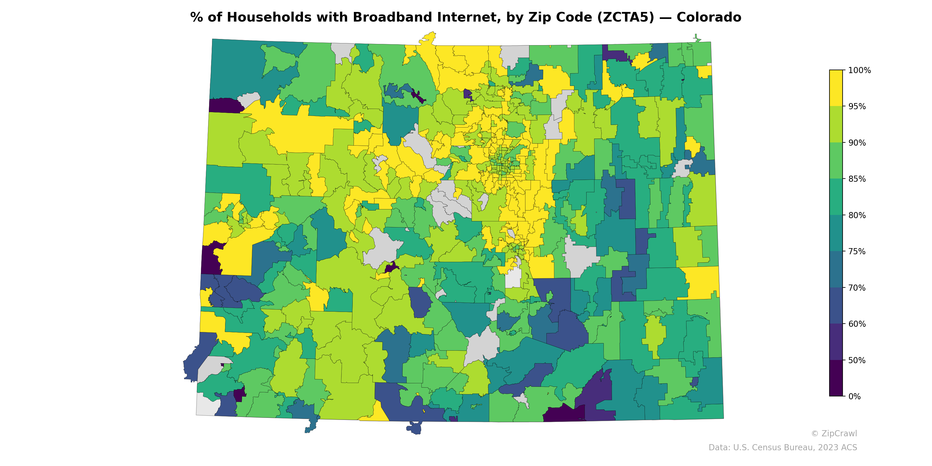 % of Households with Broadband Internet, by Zip Code (ZCTA5) — Colorado