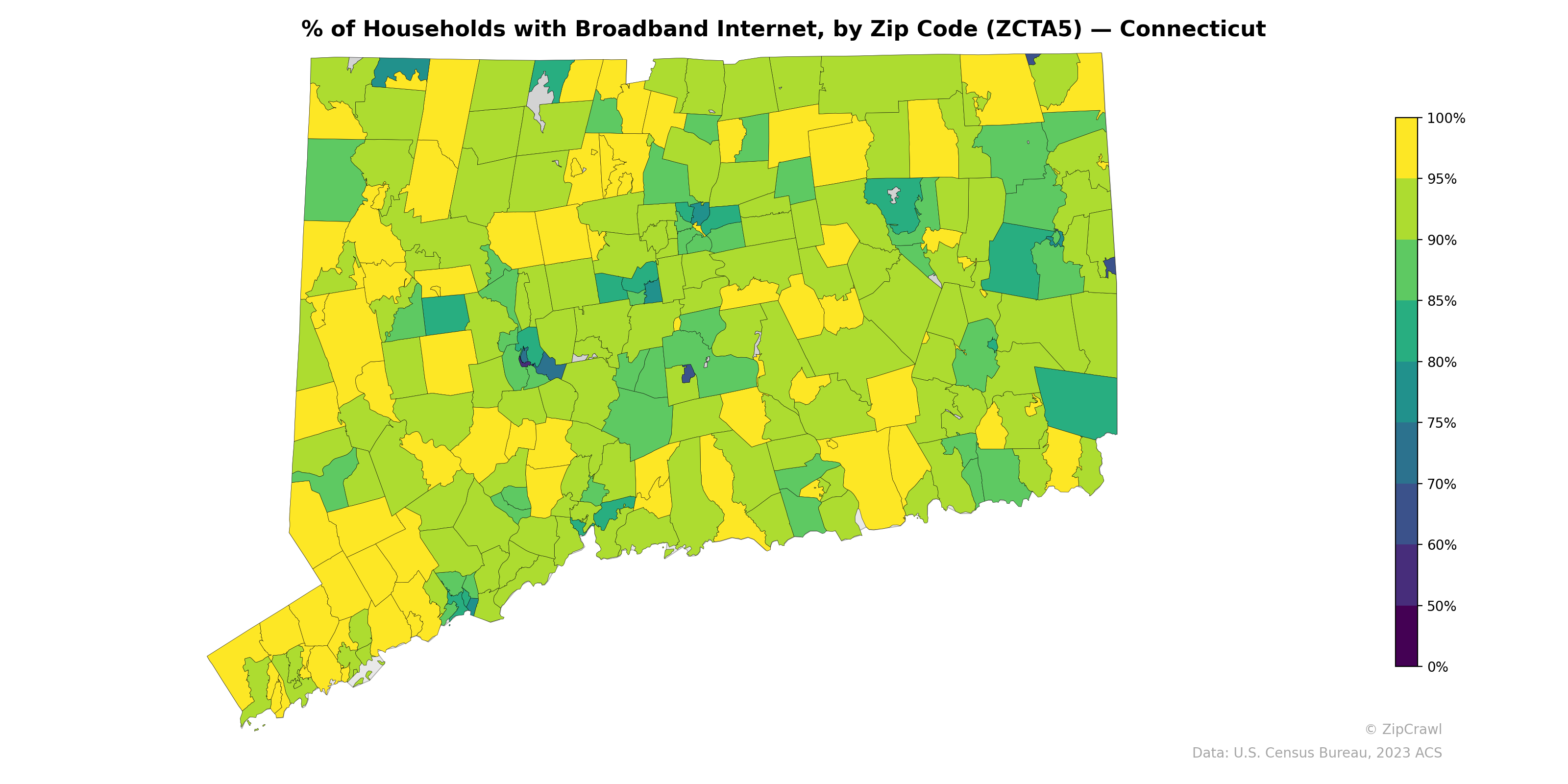 % of Households with Broadband Internet, by Zip Code (ZCTA5) — Connecticut