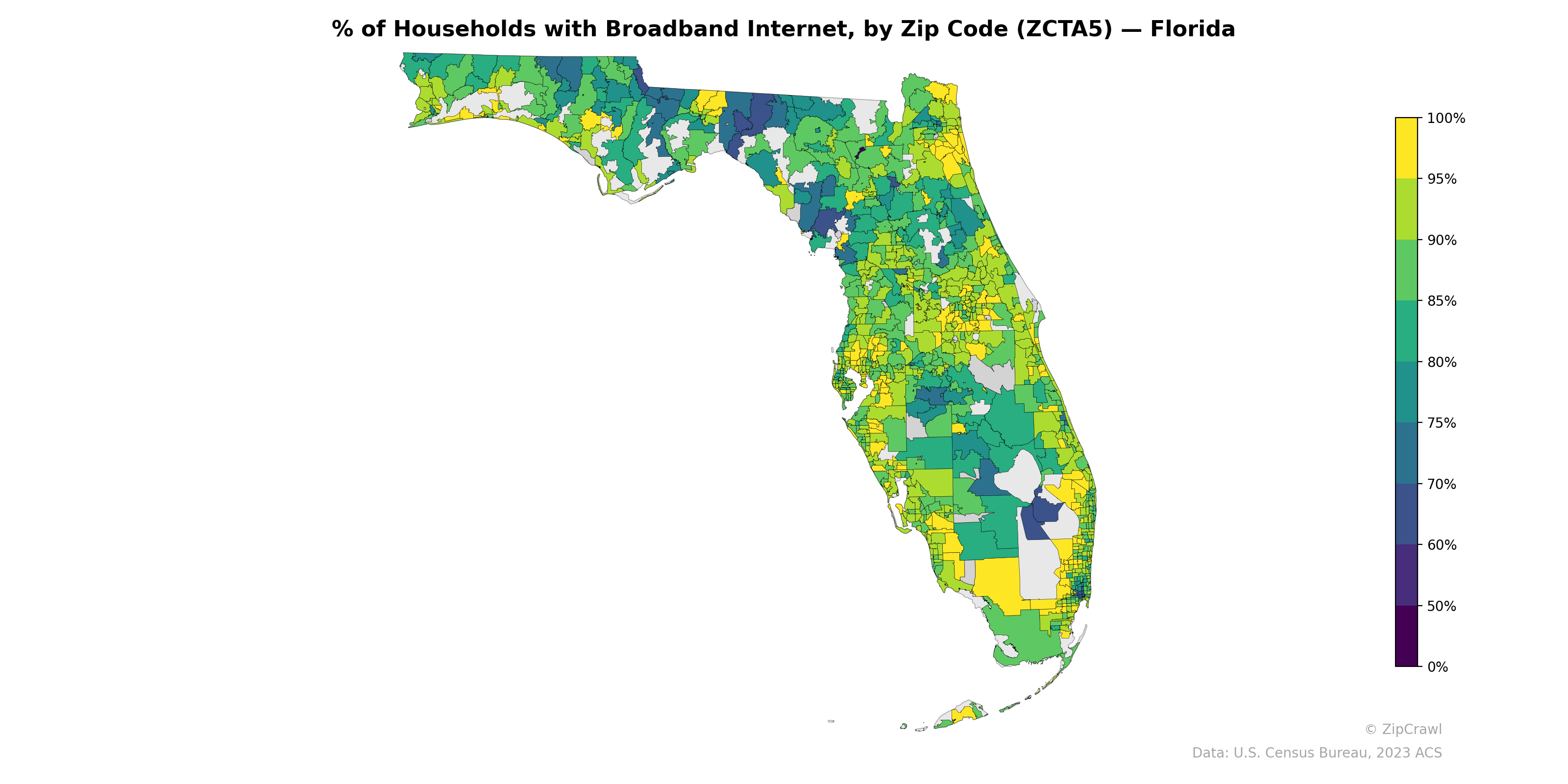 % of Households with Broadband Internet, by Zip Code (ZCTA5) — Florida