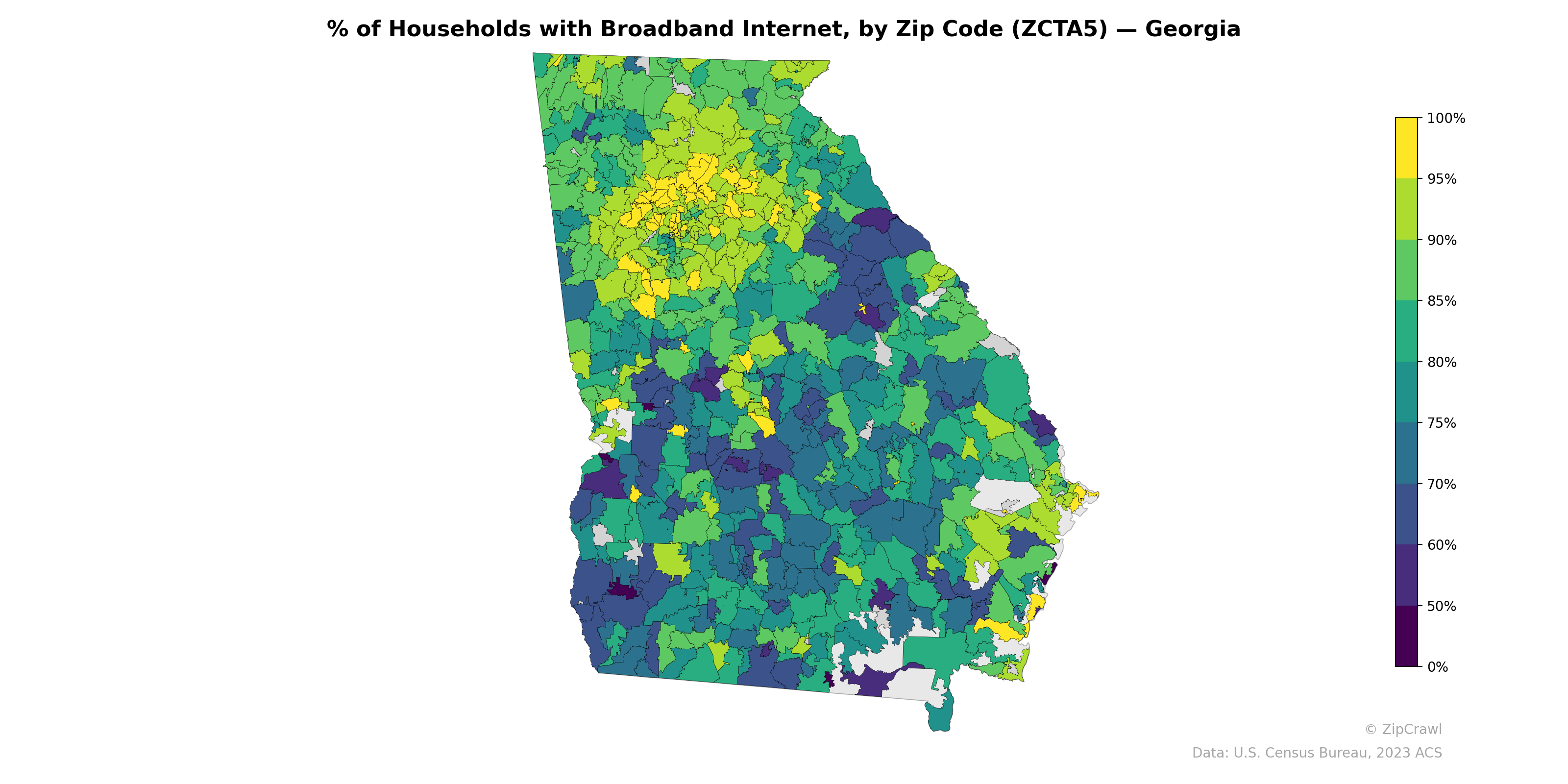 % of Households with Broadband Internet, by Zip Code (ZCTA5) — Georgia