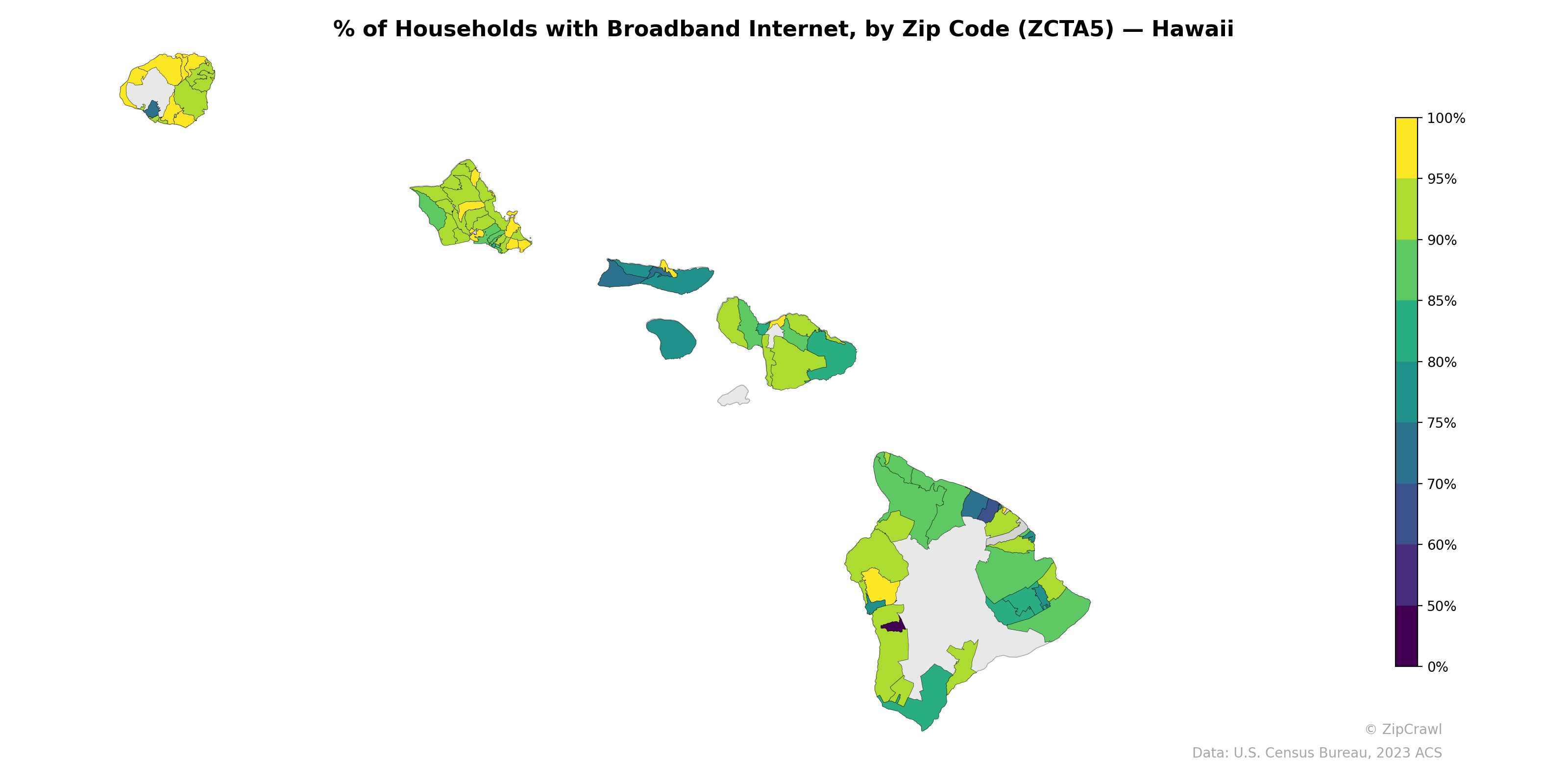 % of Households with Broadband Internet, by Zip Code (ZCTA5) — Hawaii