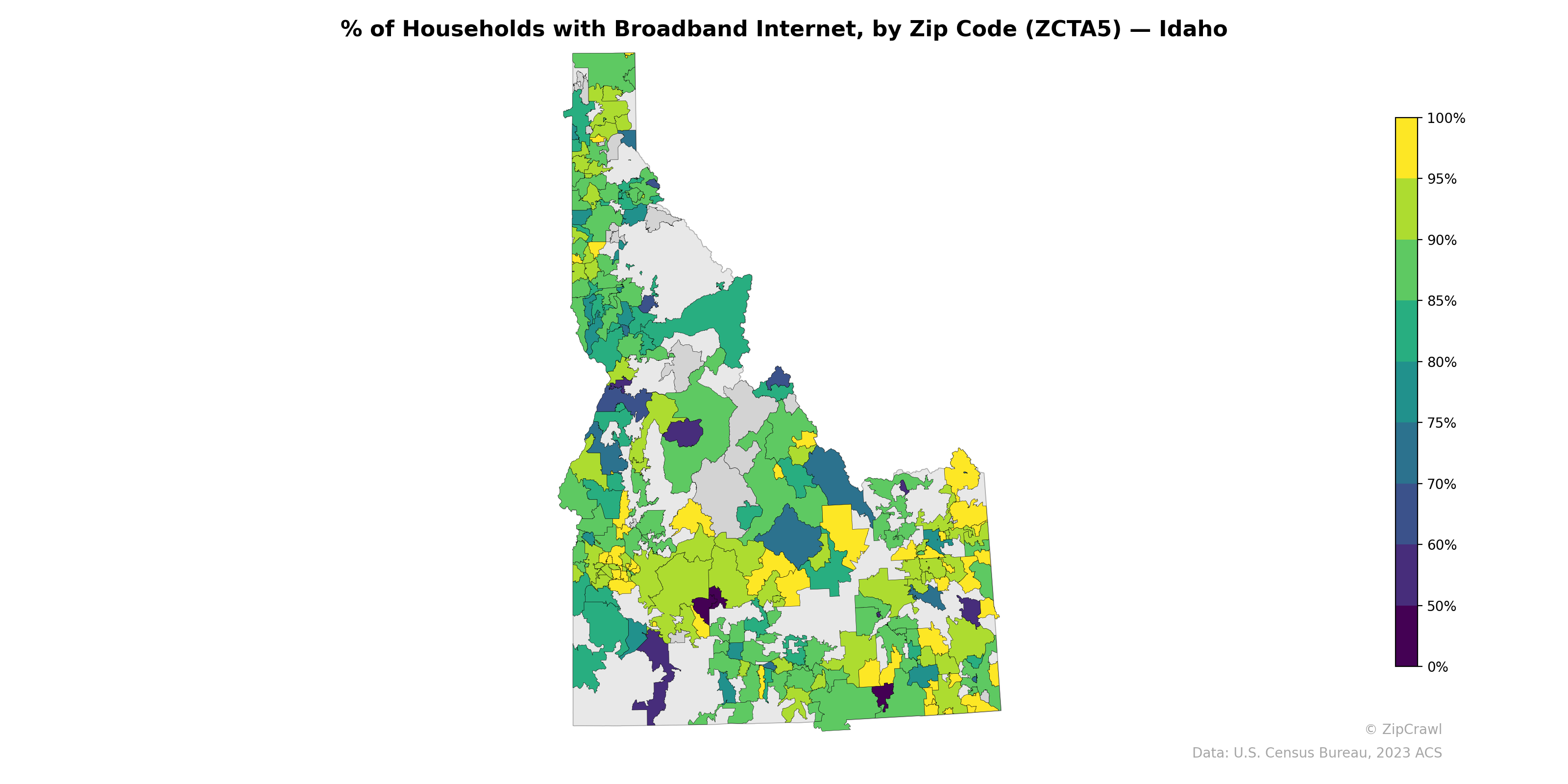 % of Households with Broadband Internet, by Zip Code (ZCTA5) — Idaho