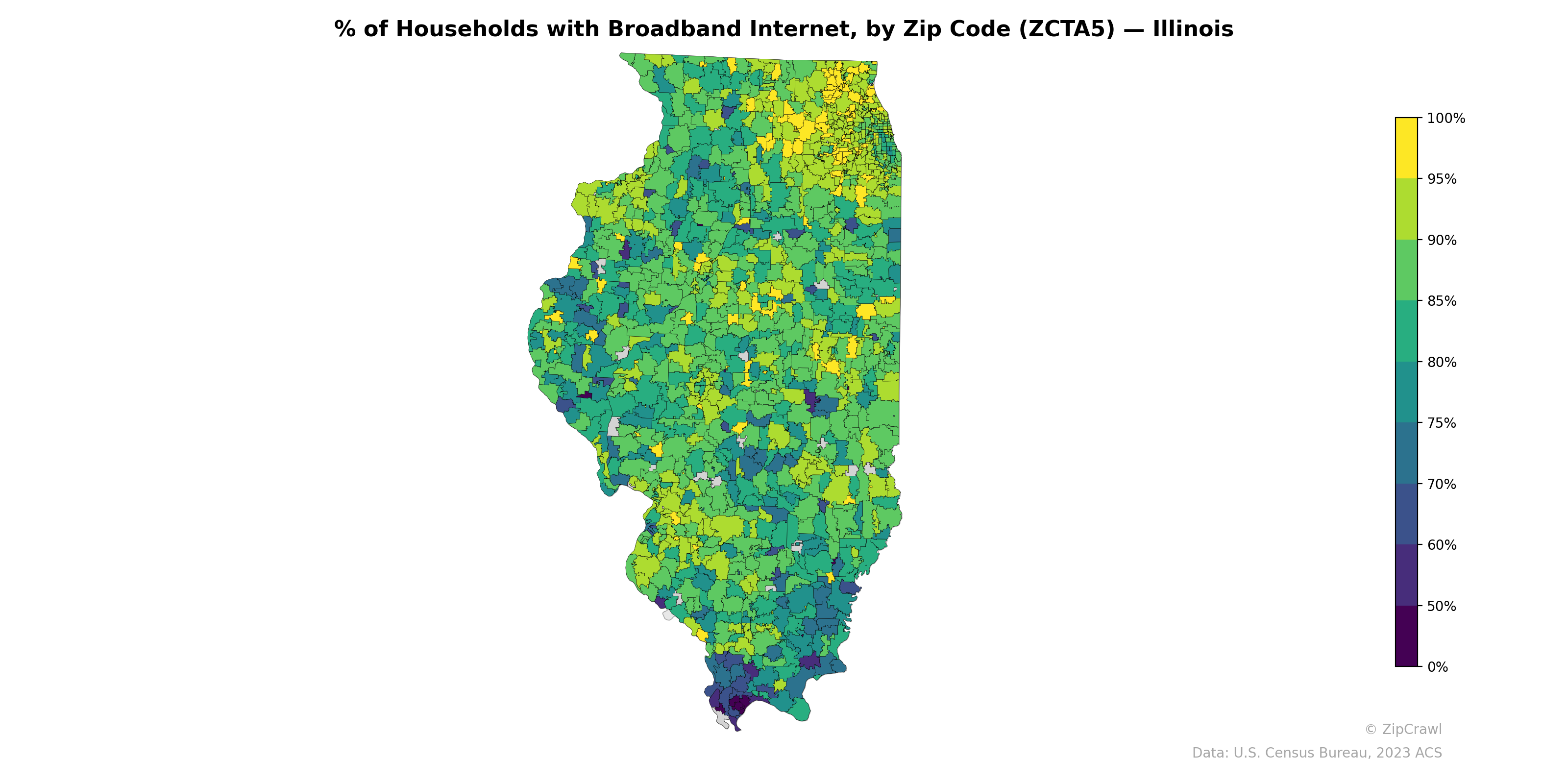 % of Households with Broadband Internet, by Zip Code (ZCTA5) — Illinois